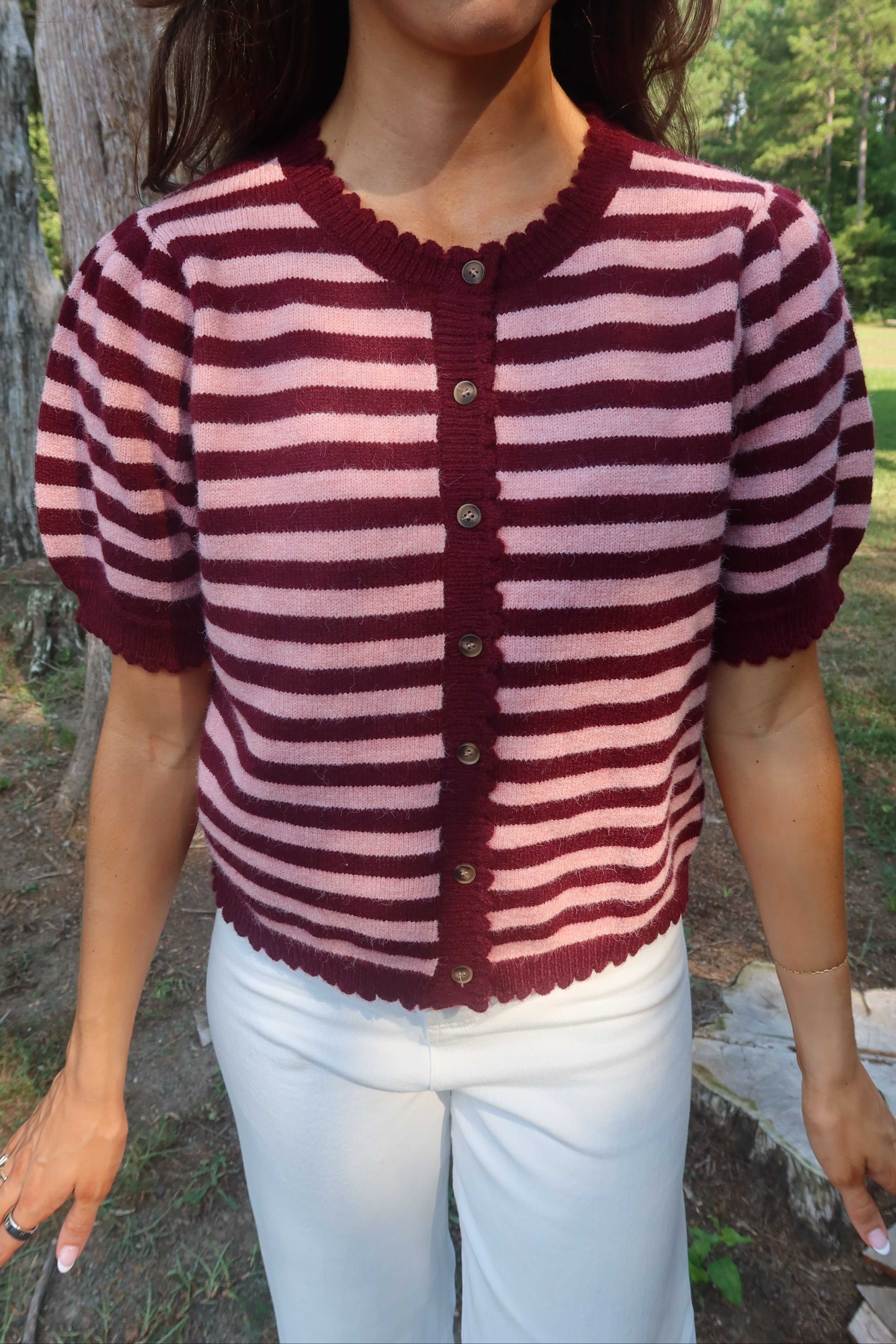 Berry Sweet Striped Cardigan- Pink/Burgundy