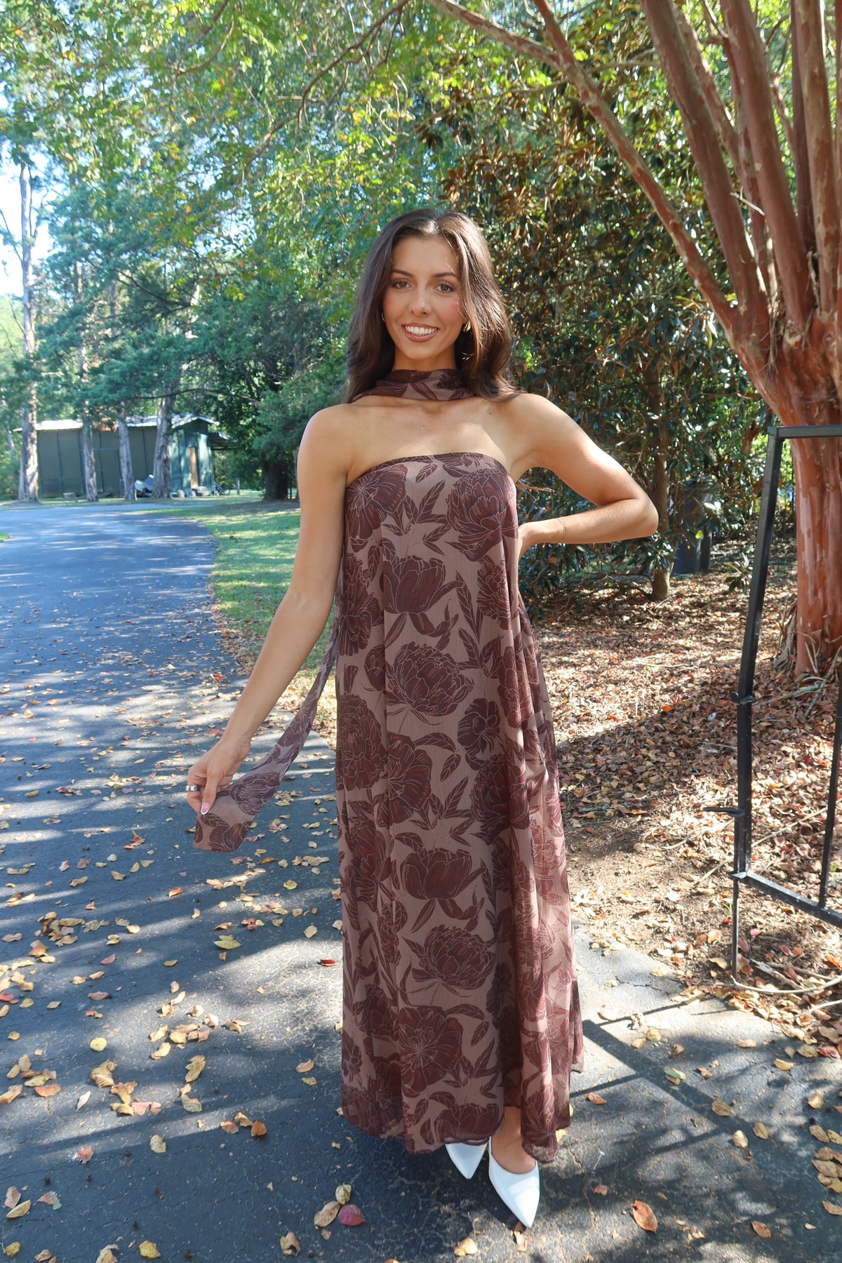 Hydrangea Hill Scarf Maxi Dress- Chocolate