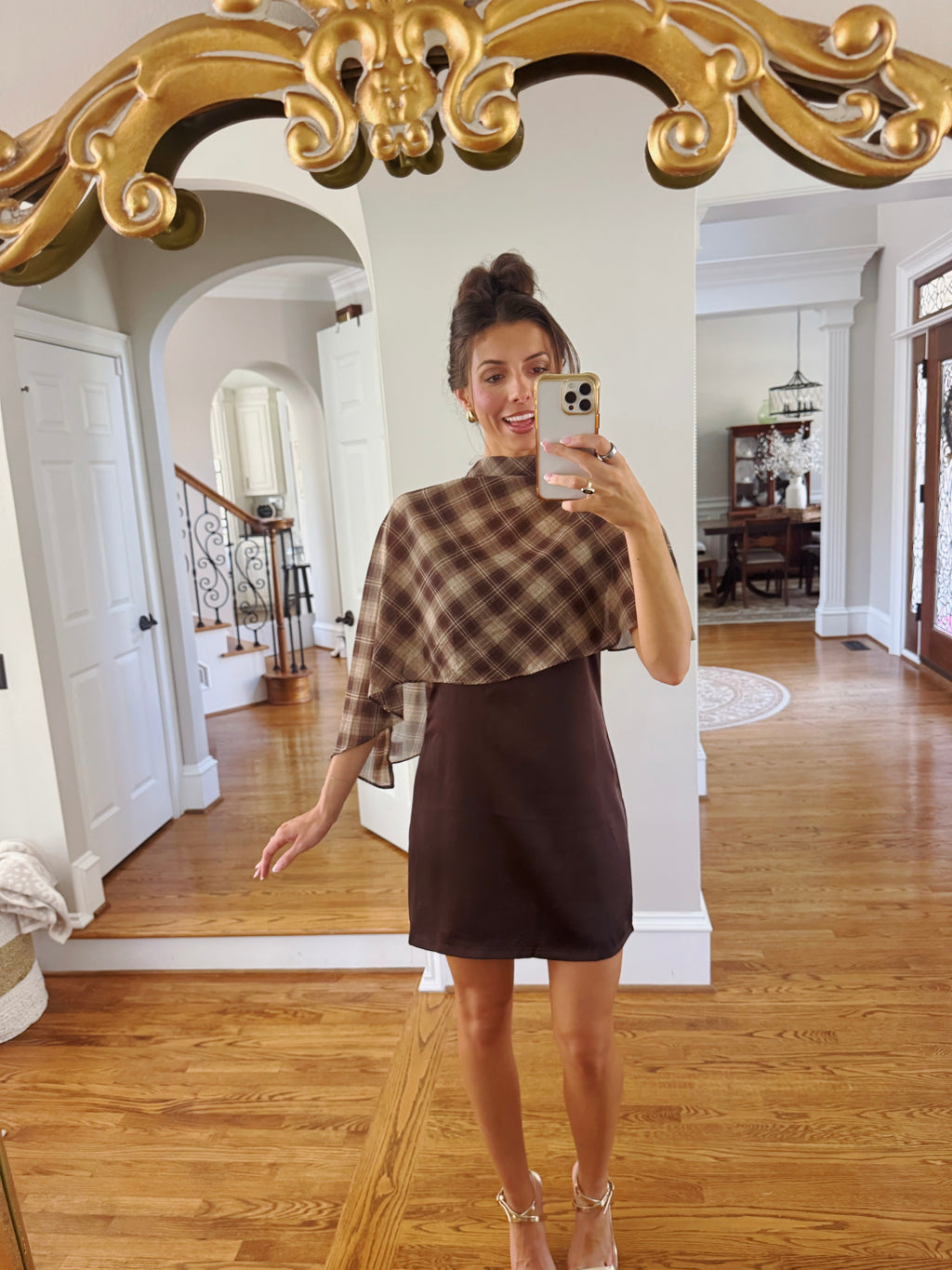 Park Avenue Plaid Cape Mini Dress- Cocoa