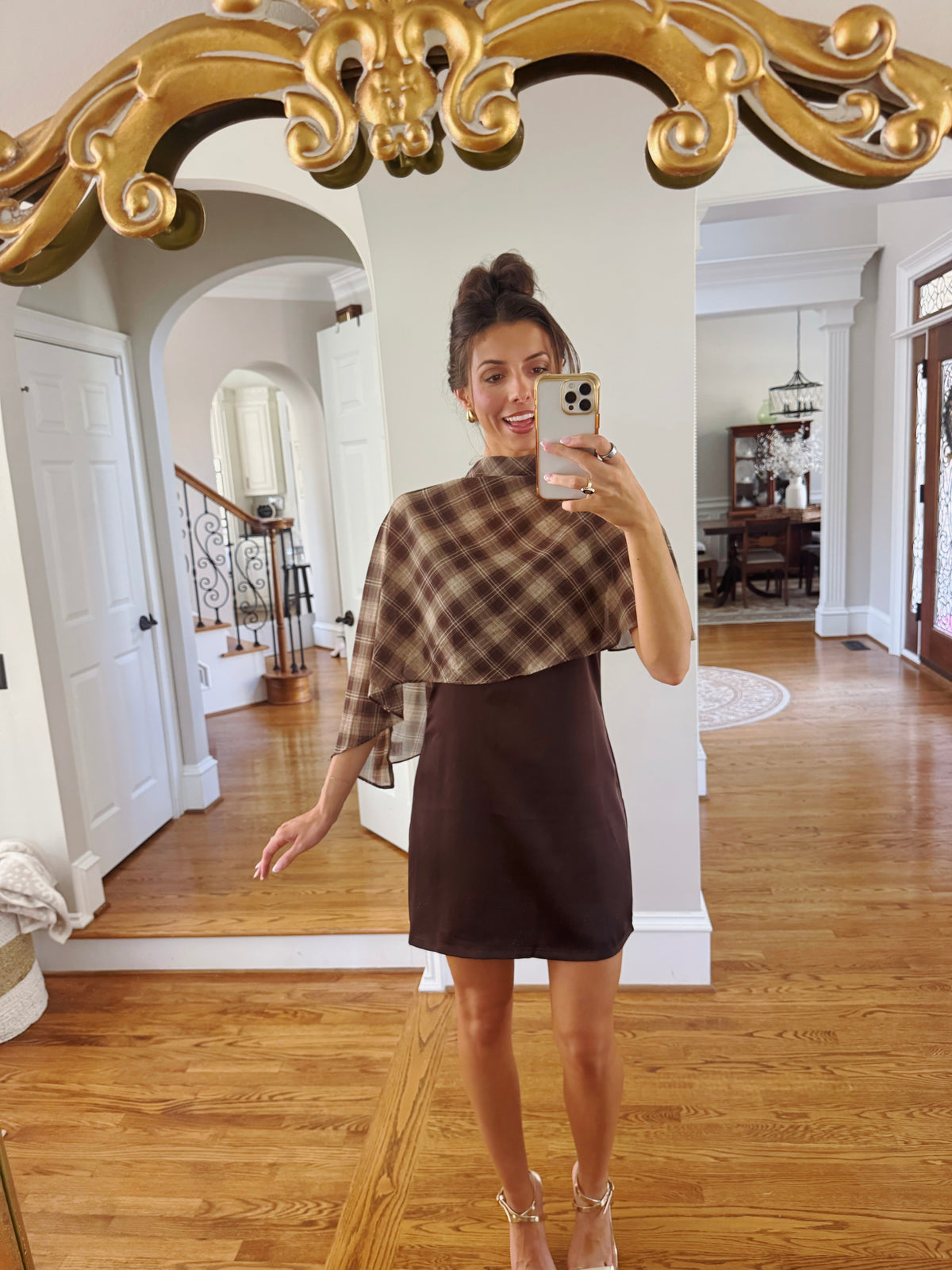 Park Avenue Plaid Cape Mini Dress- Cocoa