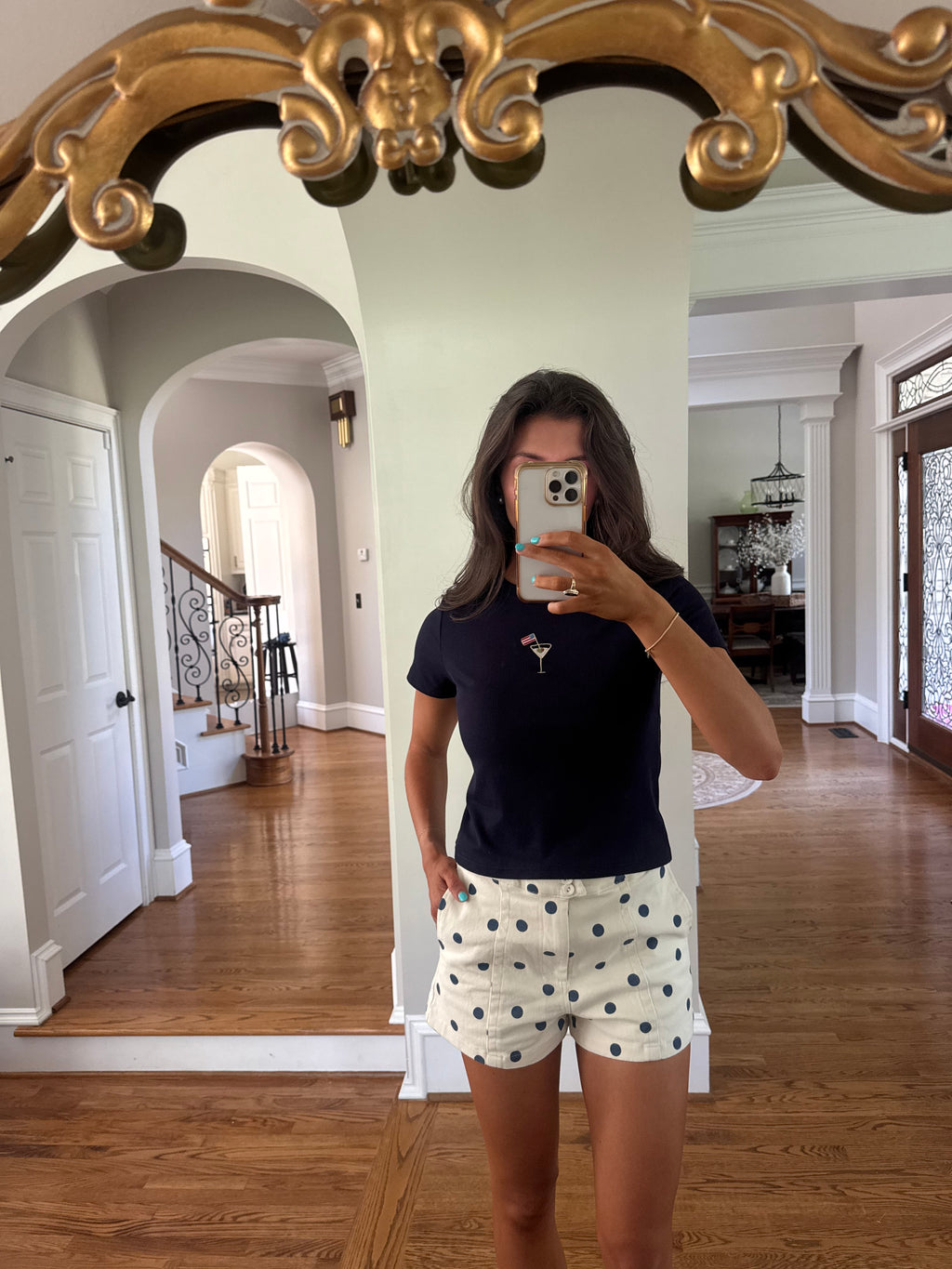 Polka Dot Denim Short- Cream/Navy