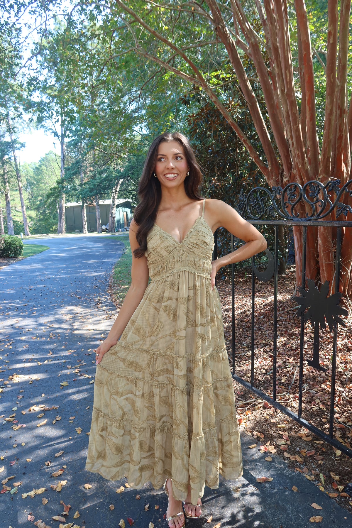 Maple Lane Tiered Maxi Dress- Beige Floral