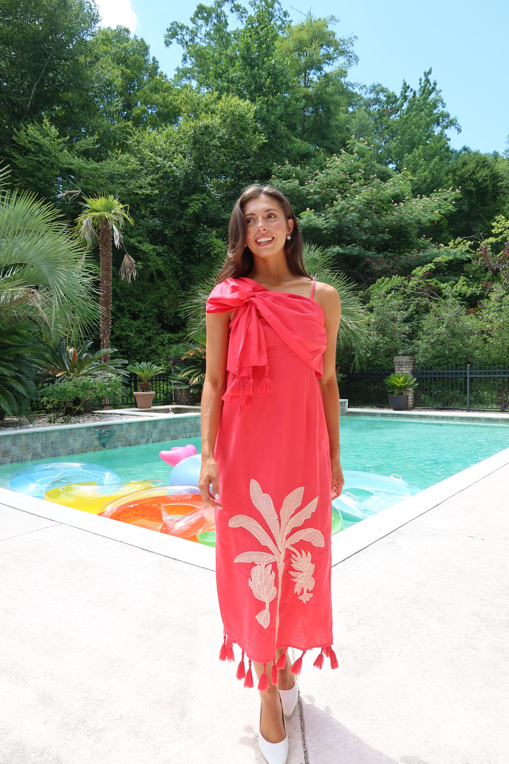 Palm Island Midi Dress- Red/Ecru