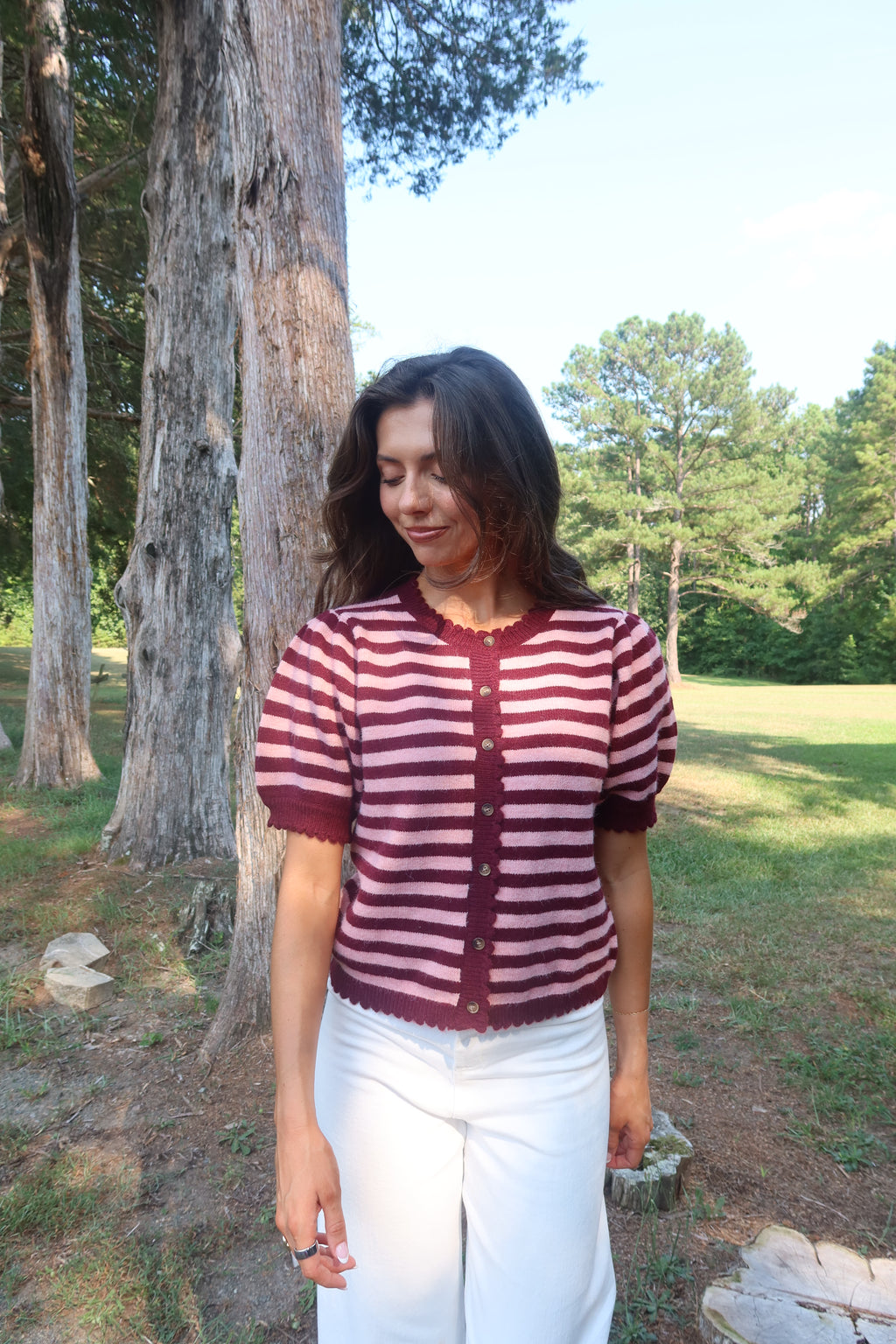 Berry Sweet Striped Cardigan- Pink/Burgundy