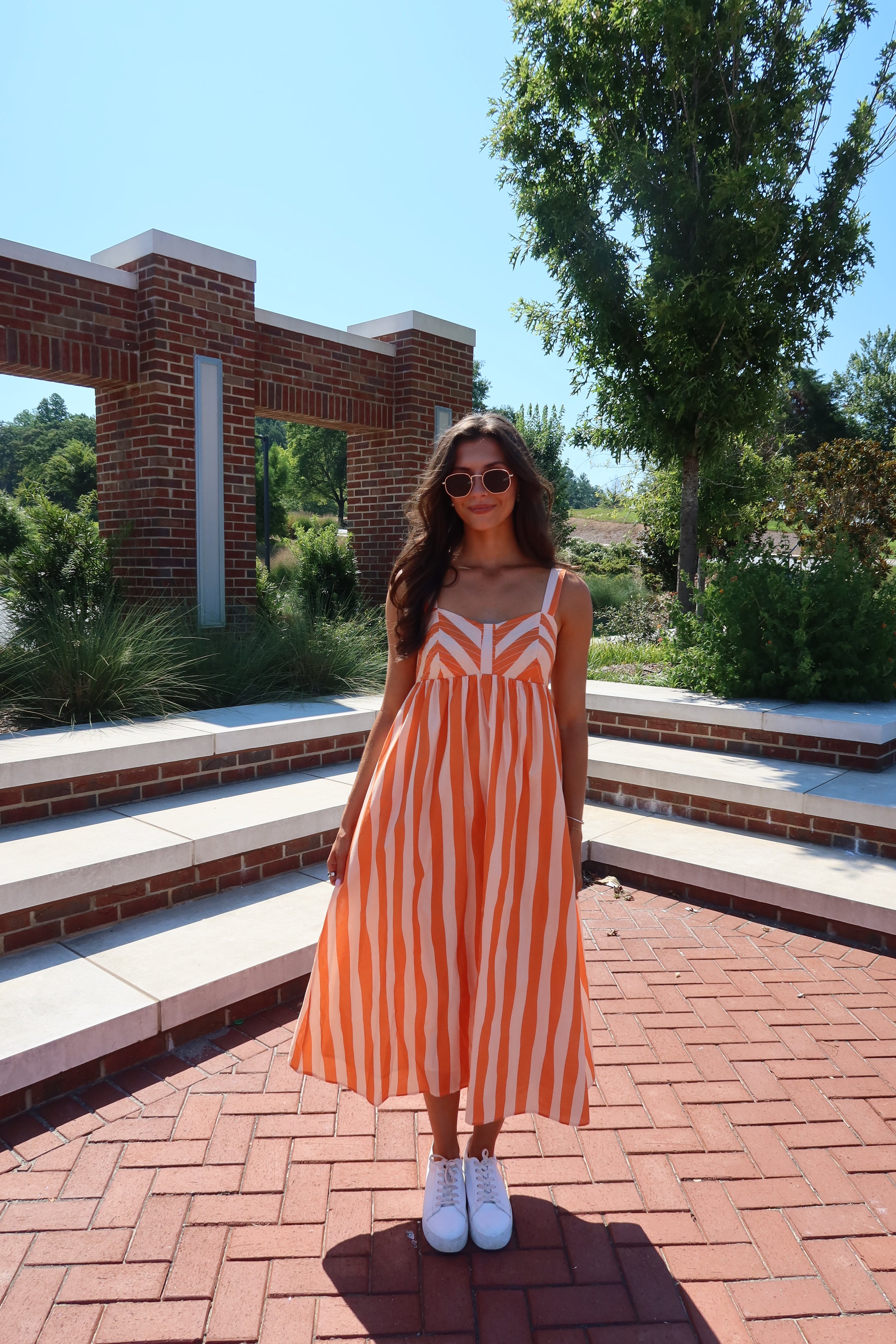 Sideline Stripe Midi Dress- Orange/Cream