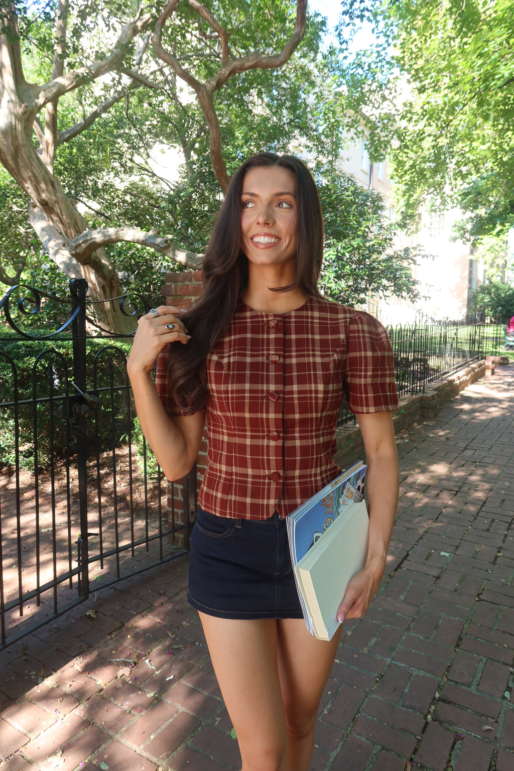 Polly Plaid Top- Burgundy/Taupe