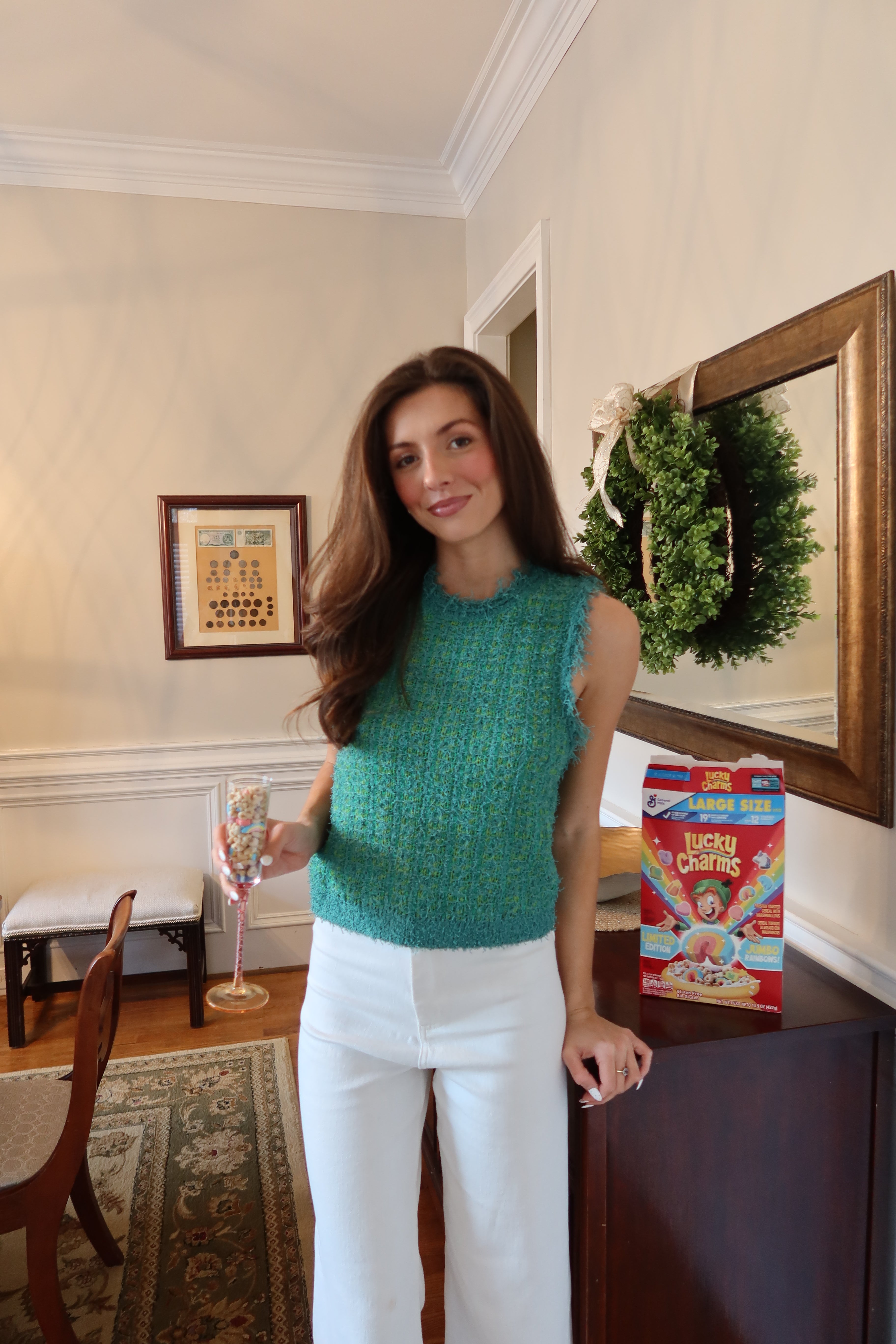 Lucky Girl Tweed Knit Vest- Green