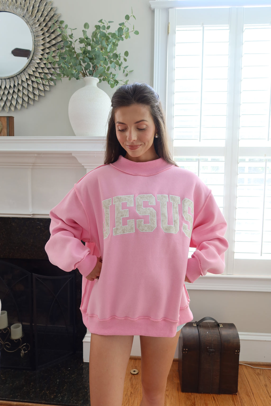 Jesus Embroidered Sweatshirt- Bubblegum Pink/Camo