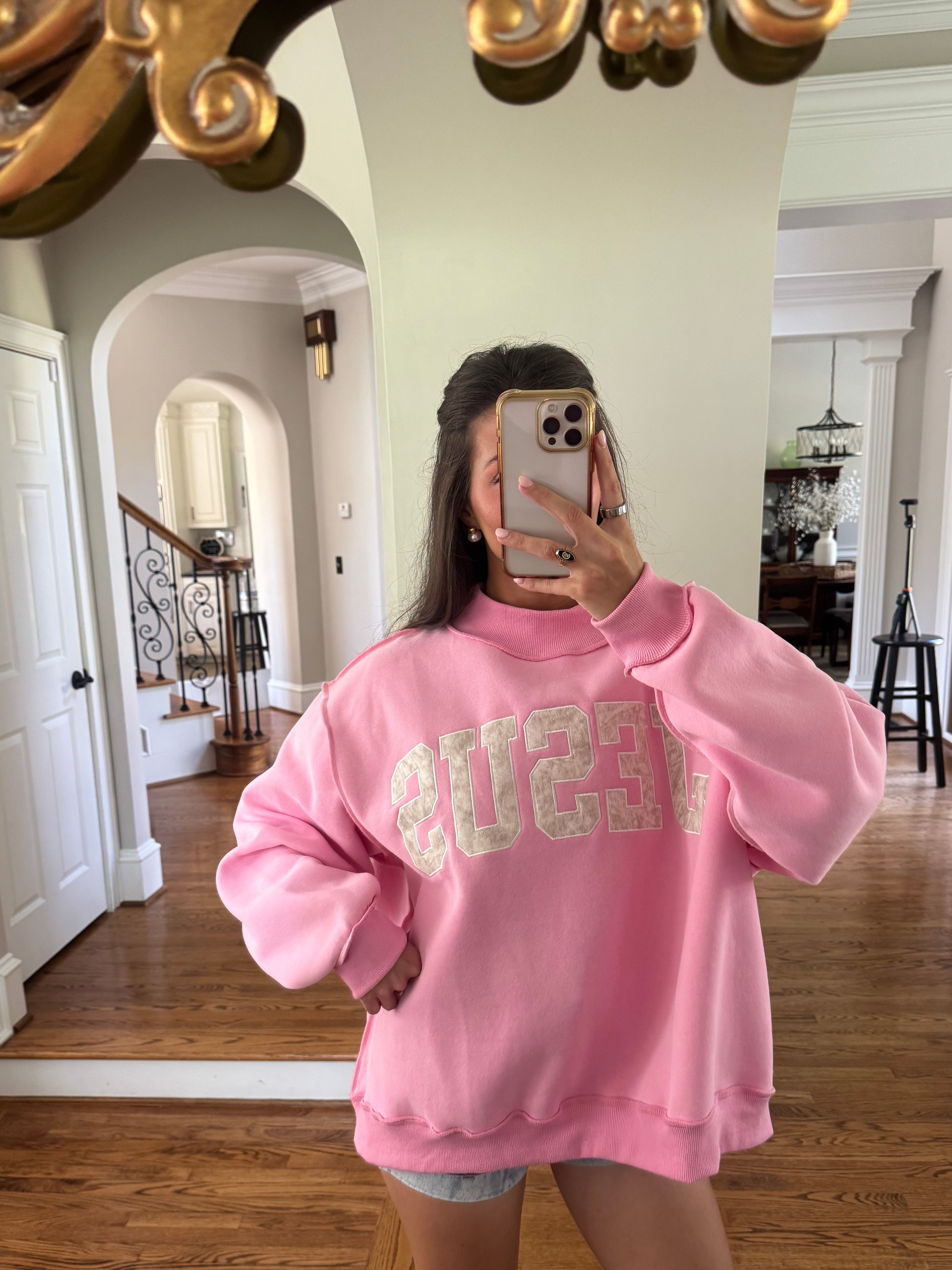 Jesus Embroidered Sweatshirt- Bubblegum Pink/Camo