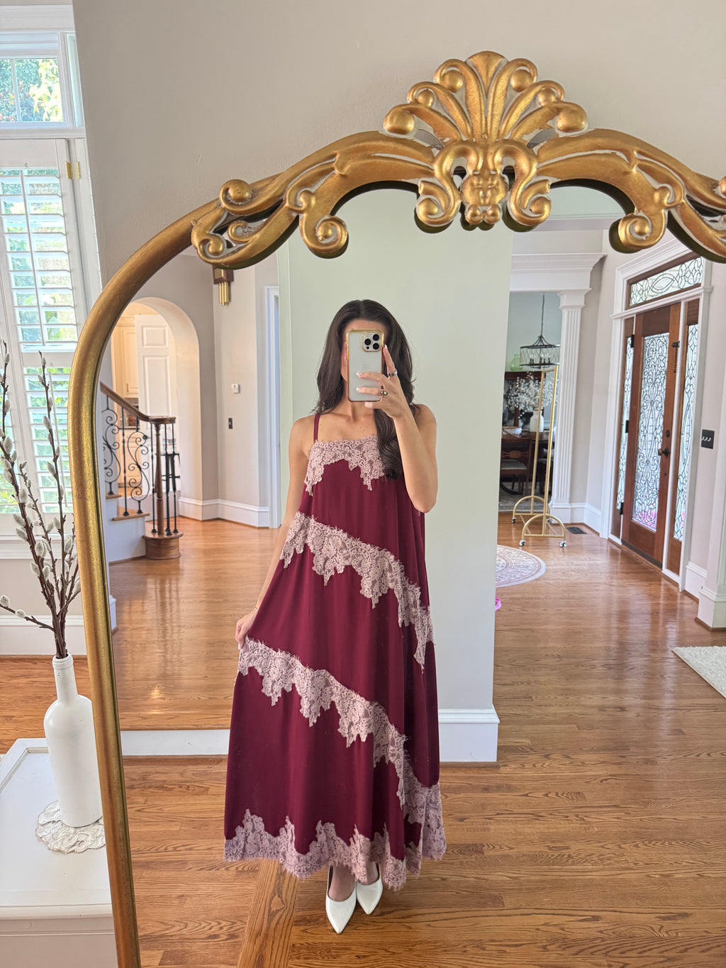 Cranberry Lace Dreams Maxi Dress- Burgundy