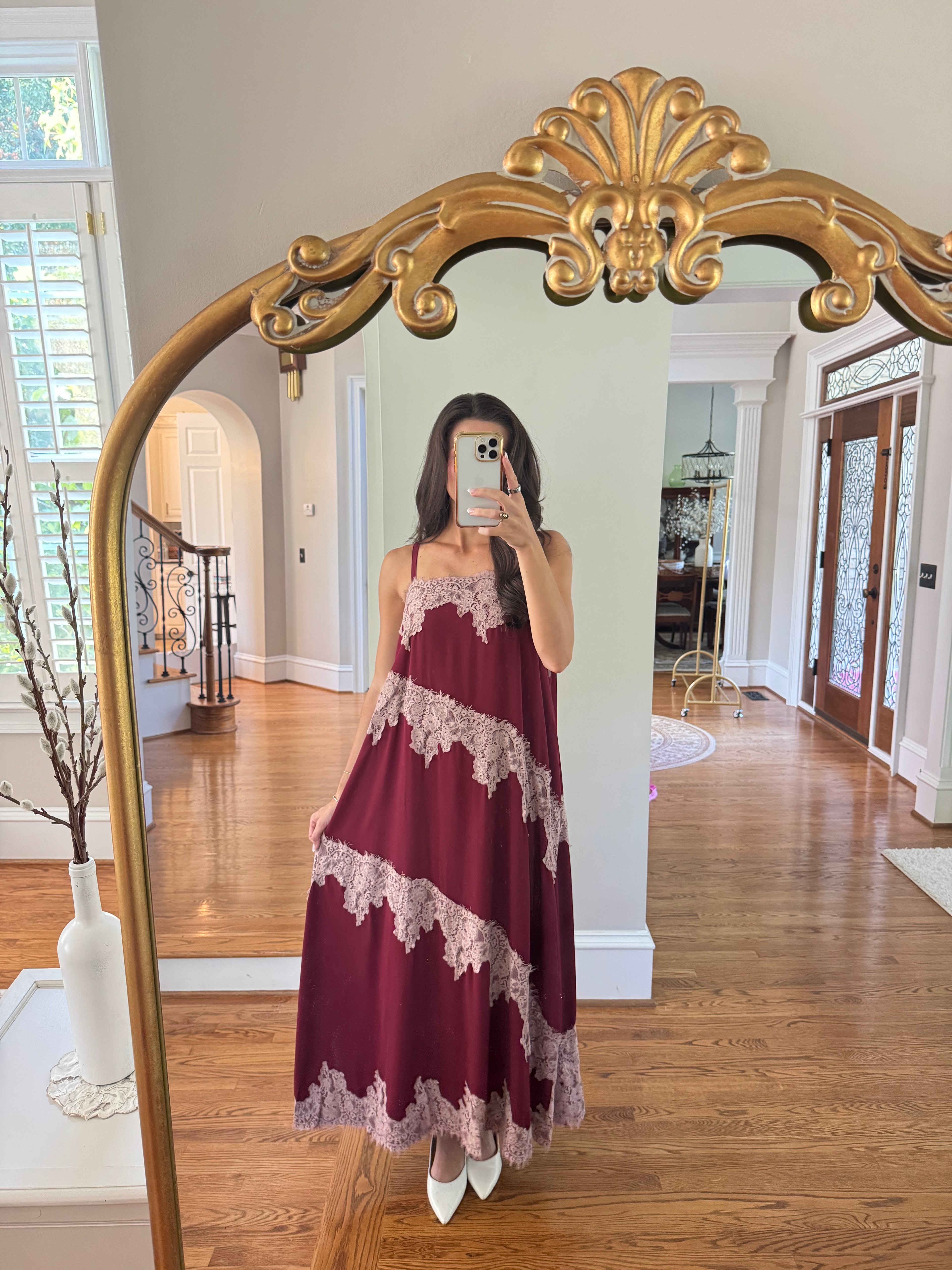 Cranberry Lace Dreams Maxi Dress- Burgundy