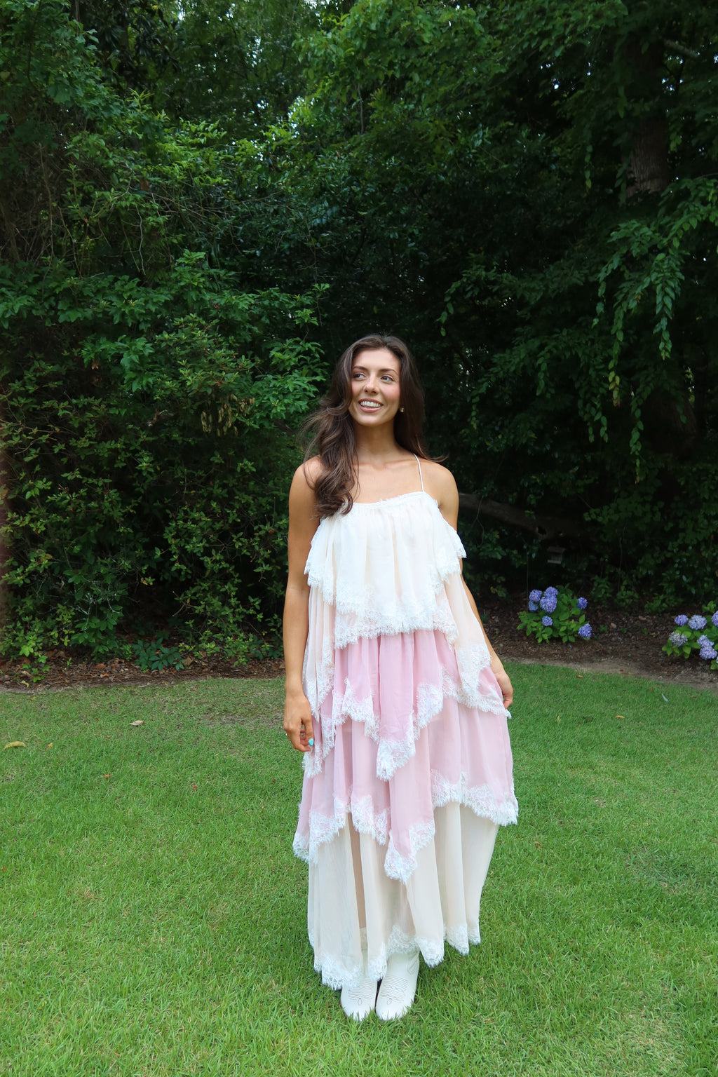 Ophelia Lace Maxi Dress- Pink/Cream