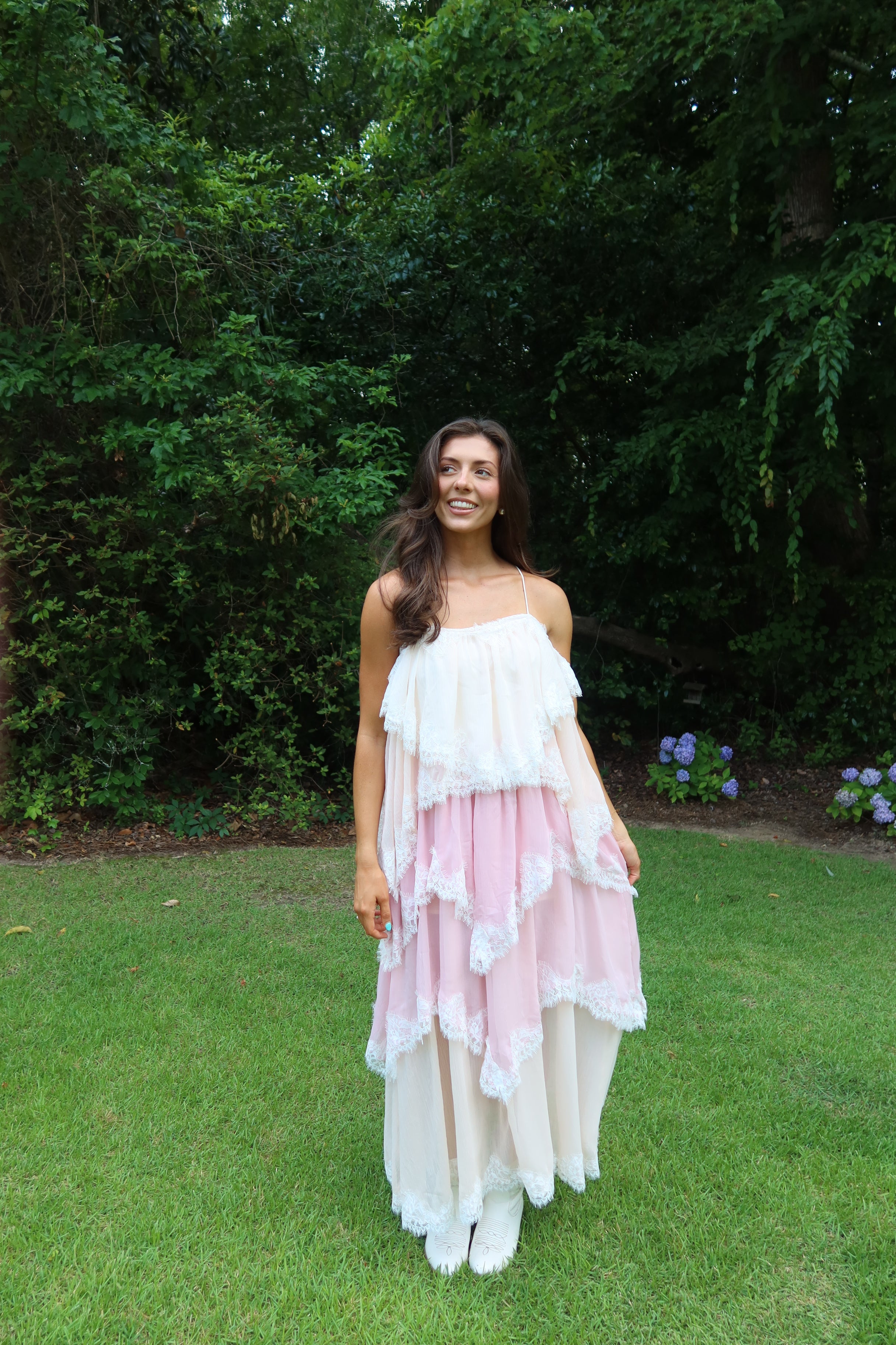 Ophelia Lace Maxi Dress- Pink/Cream