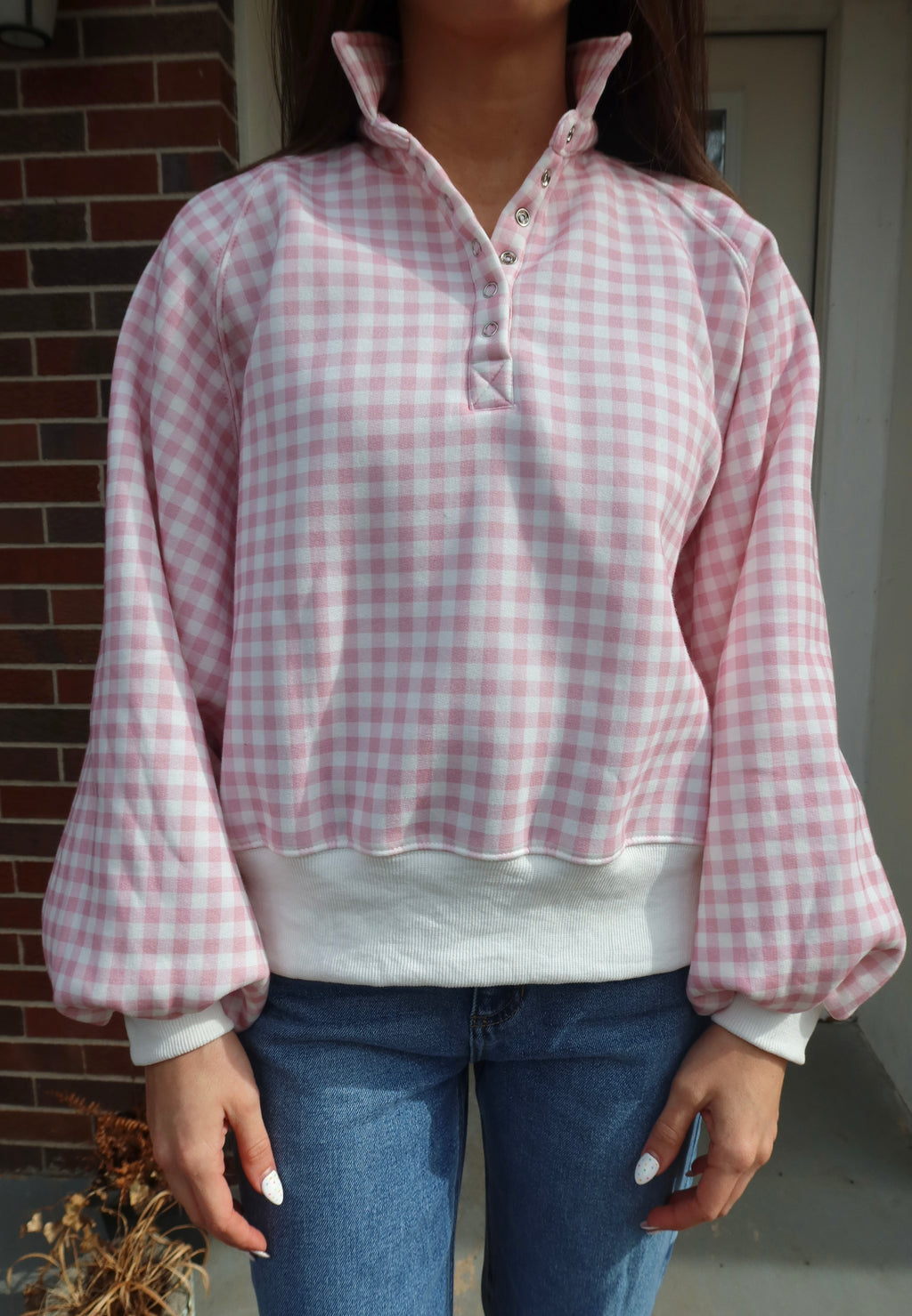Checkered Snap Pullover- Pink/White