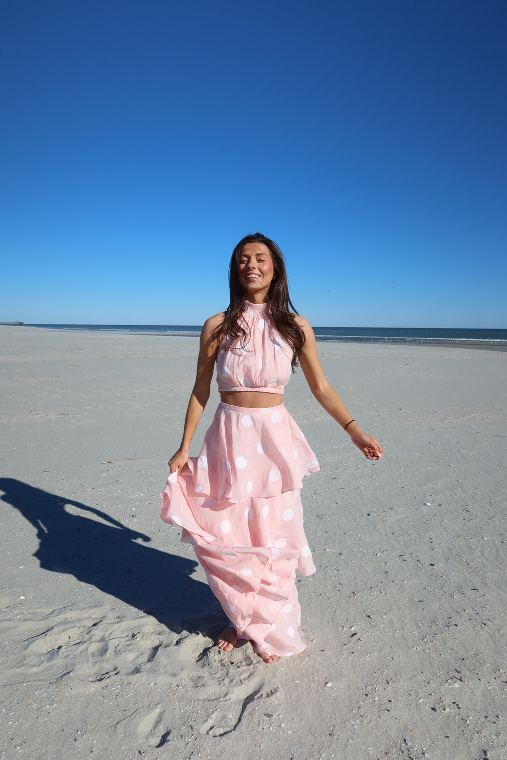 Darling Dot Halter Neck Skirt Set- Pink