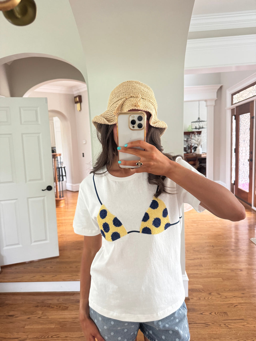 Beaded Polka Dot Bikini Tee- Ivory/Blue/Yellow