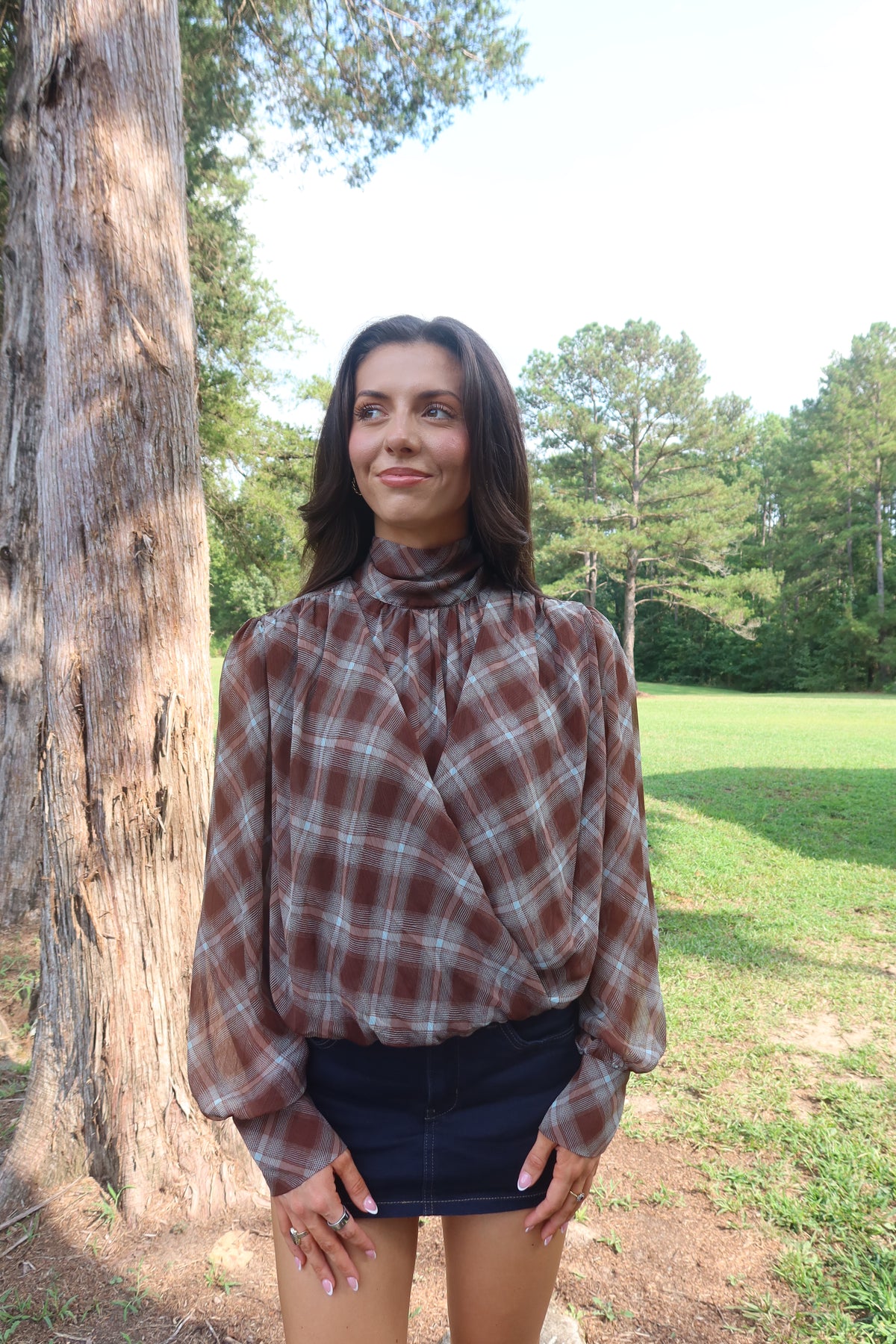 Audrey Plaid Blouse- Brown/Light Blue