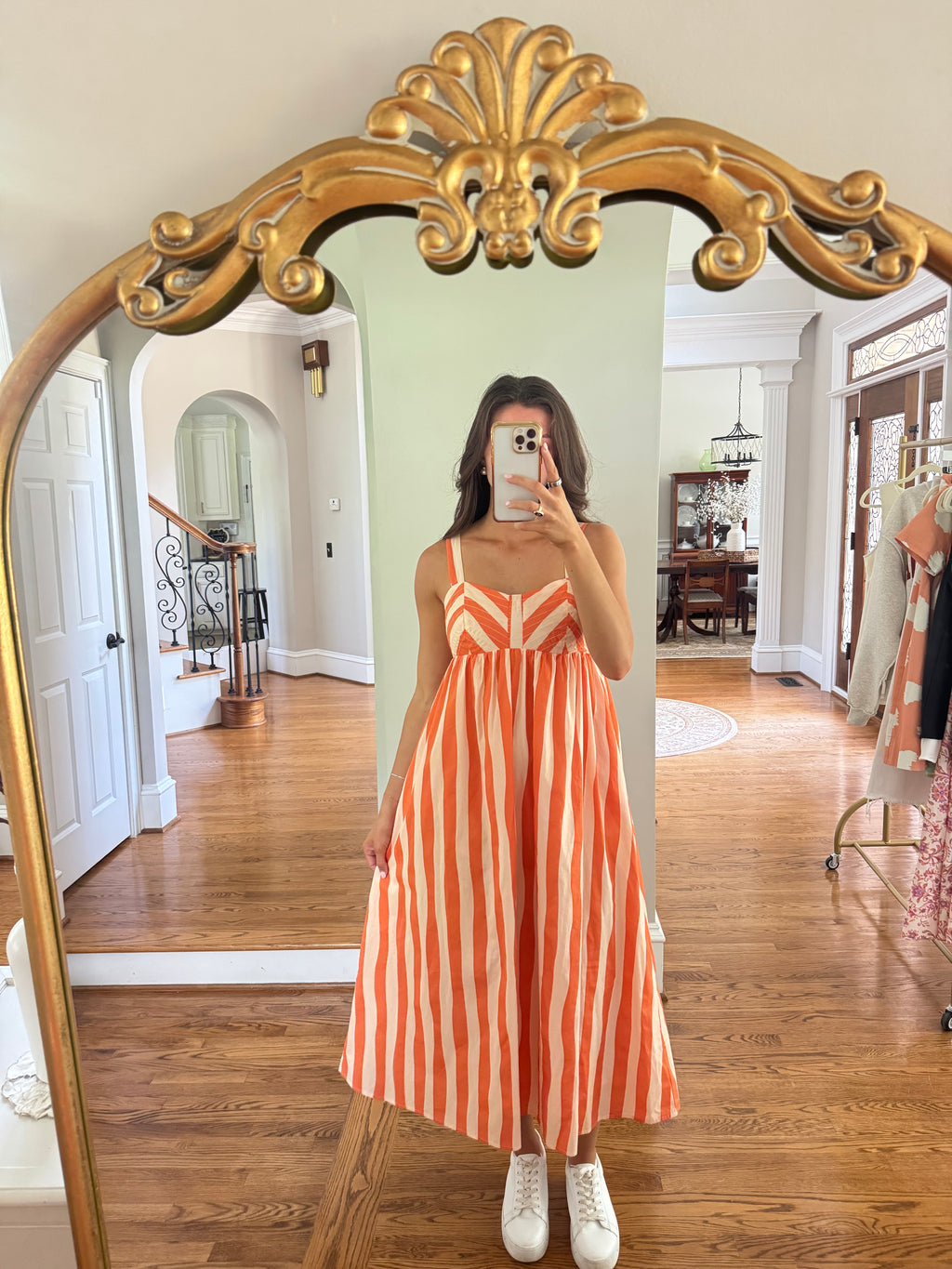 Sideline Stripe Midi Dress- Orange/Cream