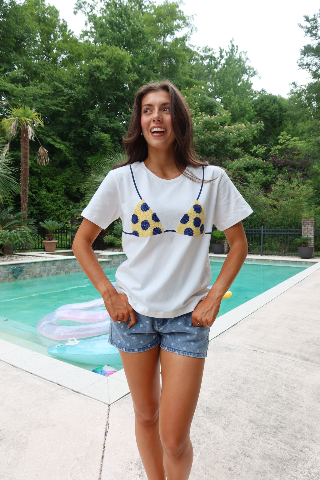 Beaded Polka Dot Bikini Tee- Ivory/Blue/Yellow