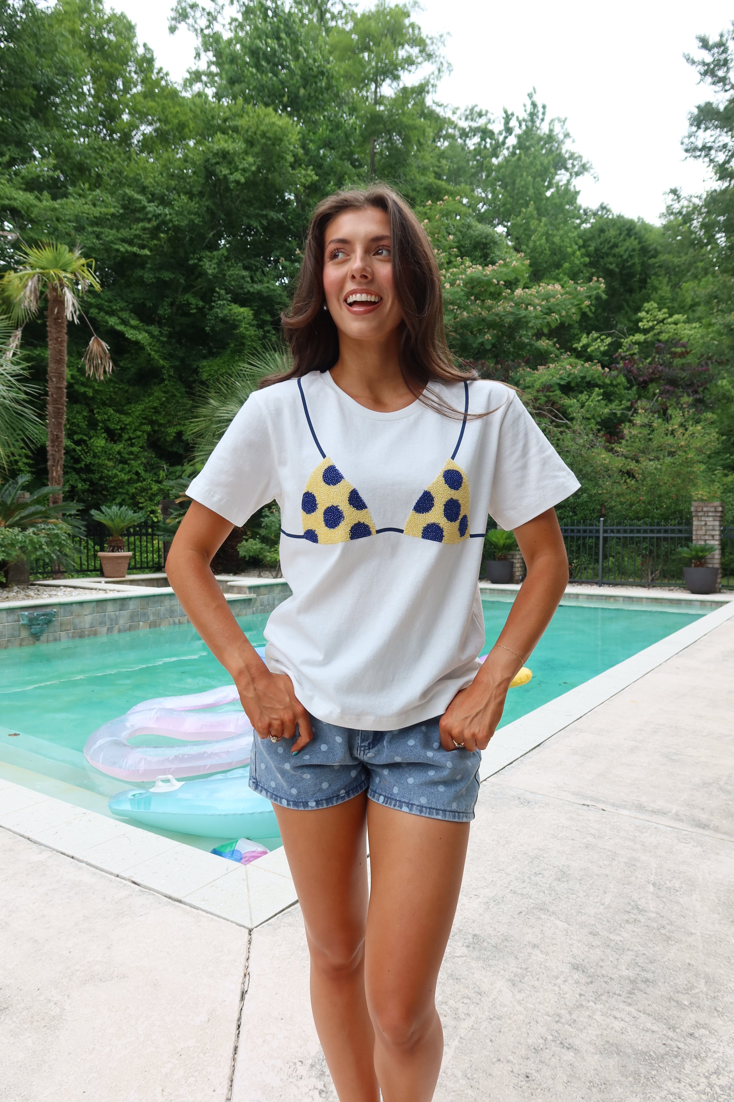 Beaded Polka Dot Bikini Tee- Ivory/Blue/Yellow