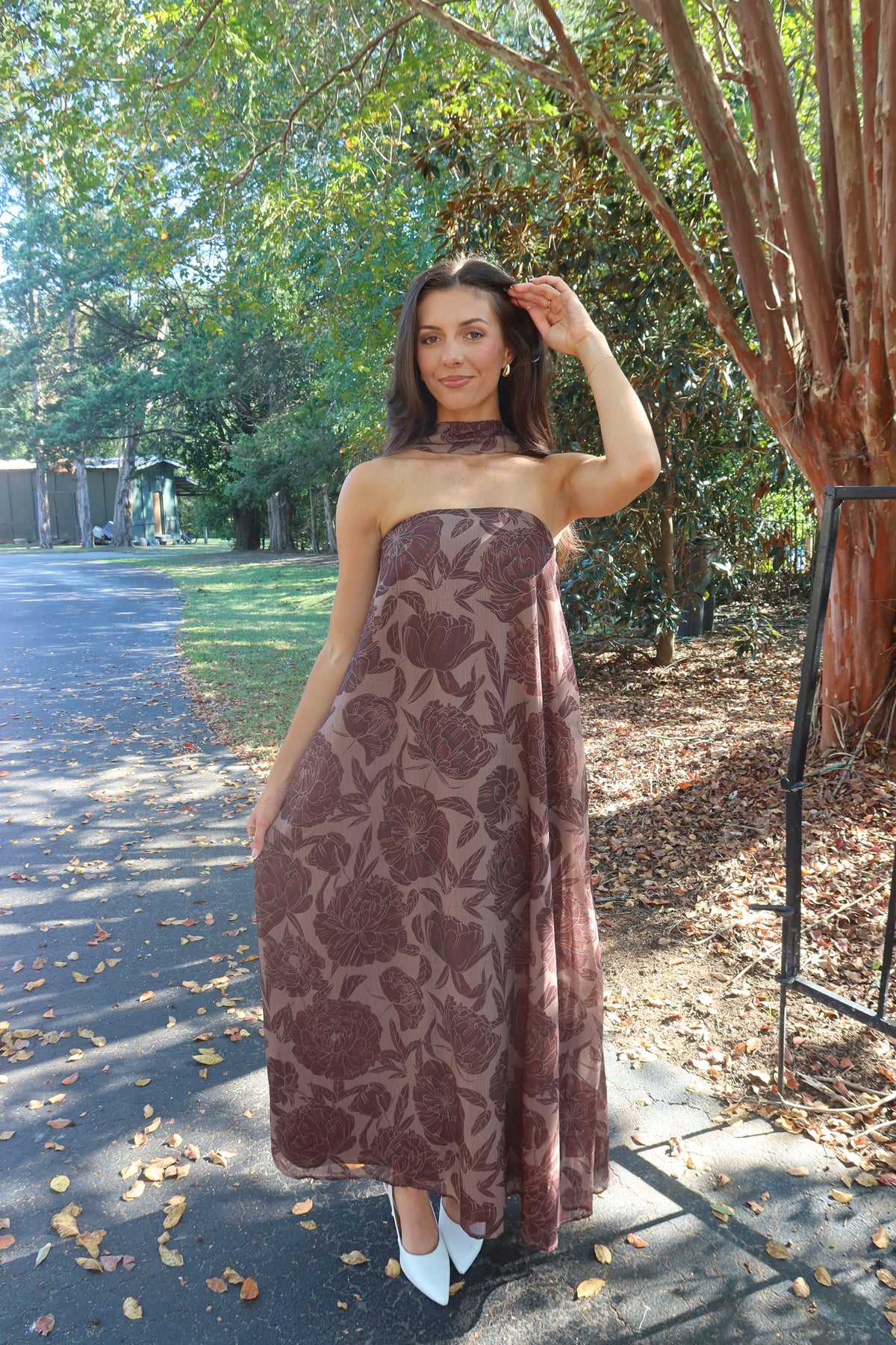 Hydrangea Hill Scarf Maxi Dress- Chocolate