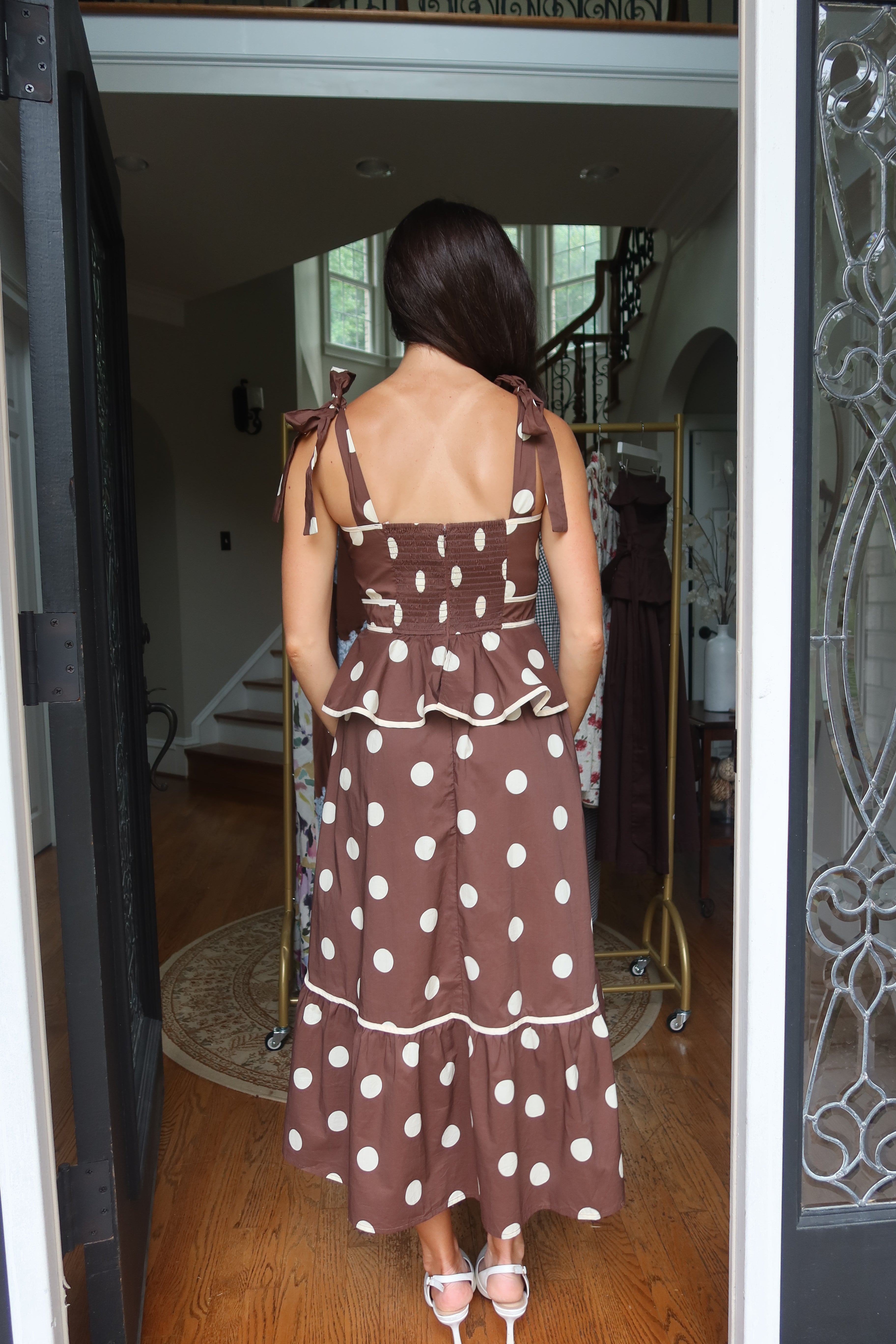 Autumn Social Polka Dot Midi Dress- Brown/Cream