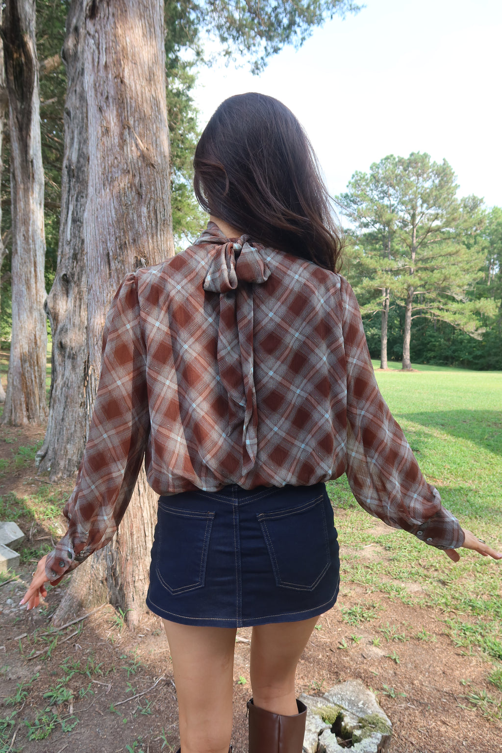 Audrey Plaid Blouse- Brown/Light Blue