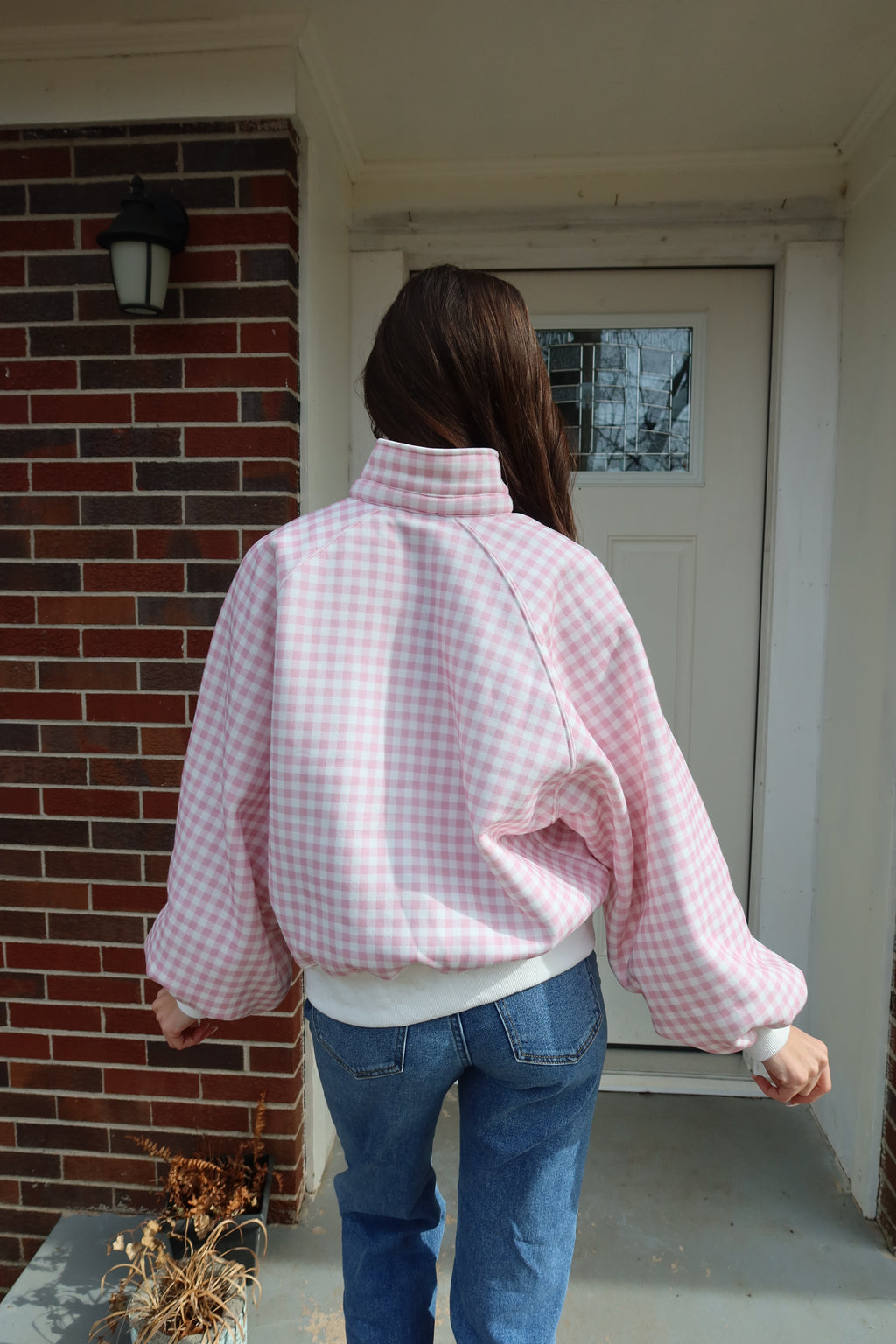 Checkered Snap Pullover- Pink/White