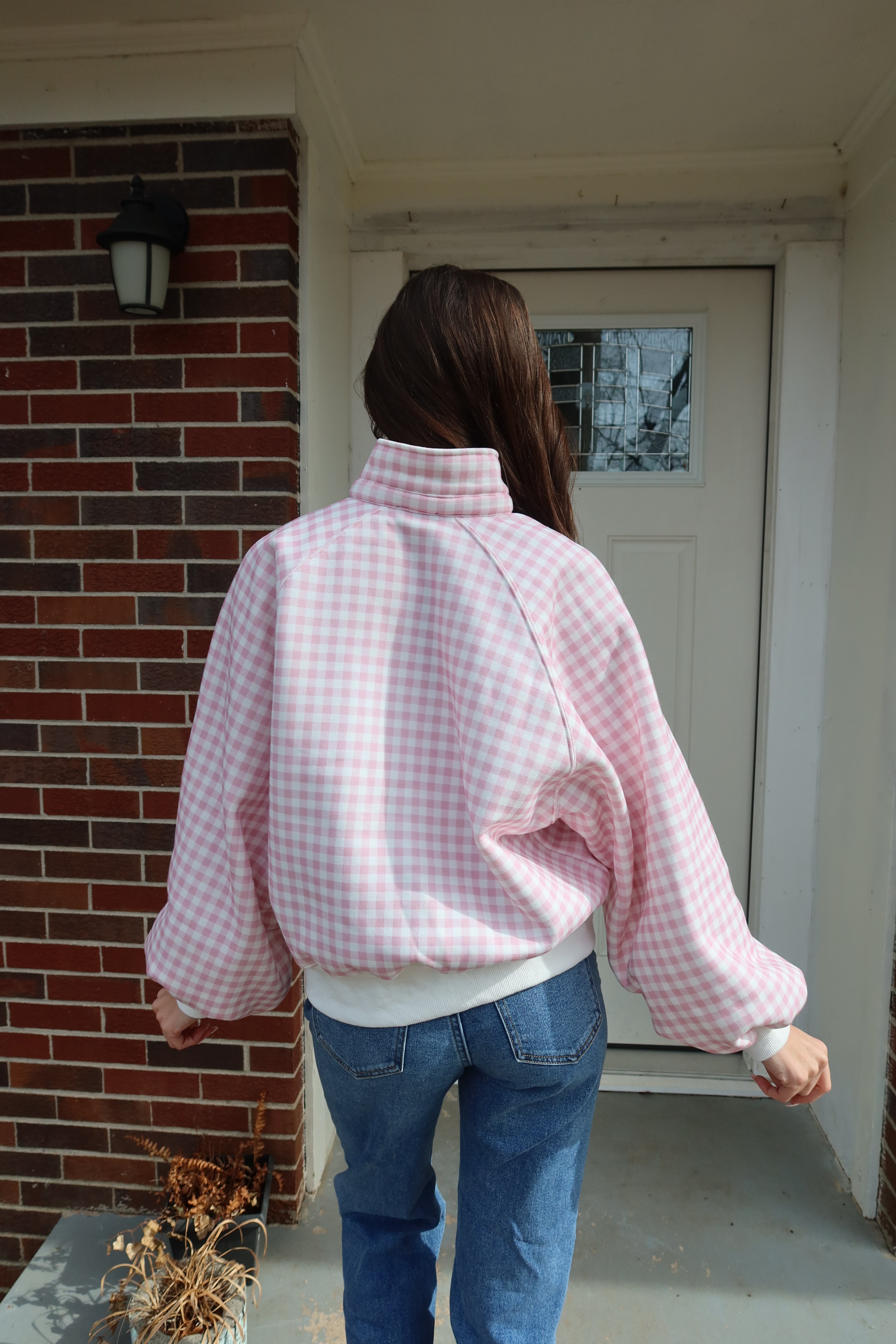 Checkered Snap Pullover- Pink/White