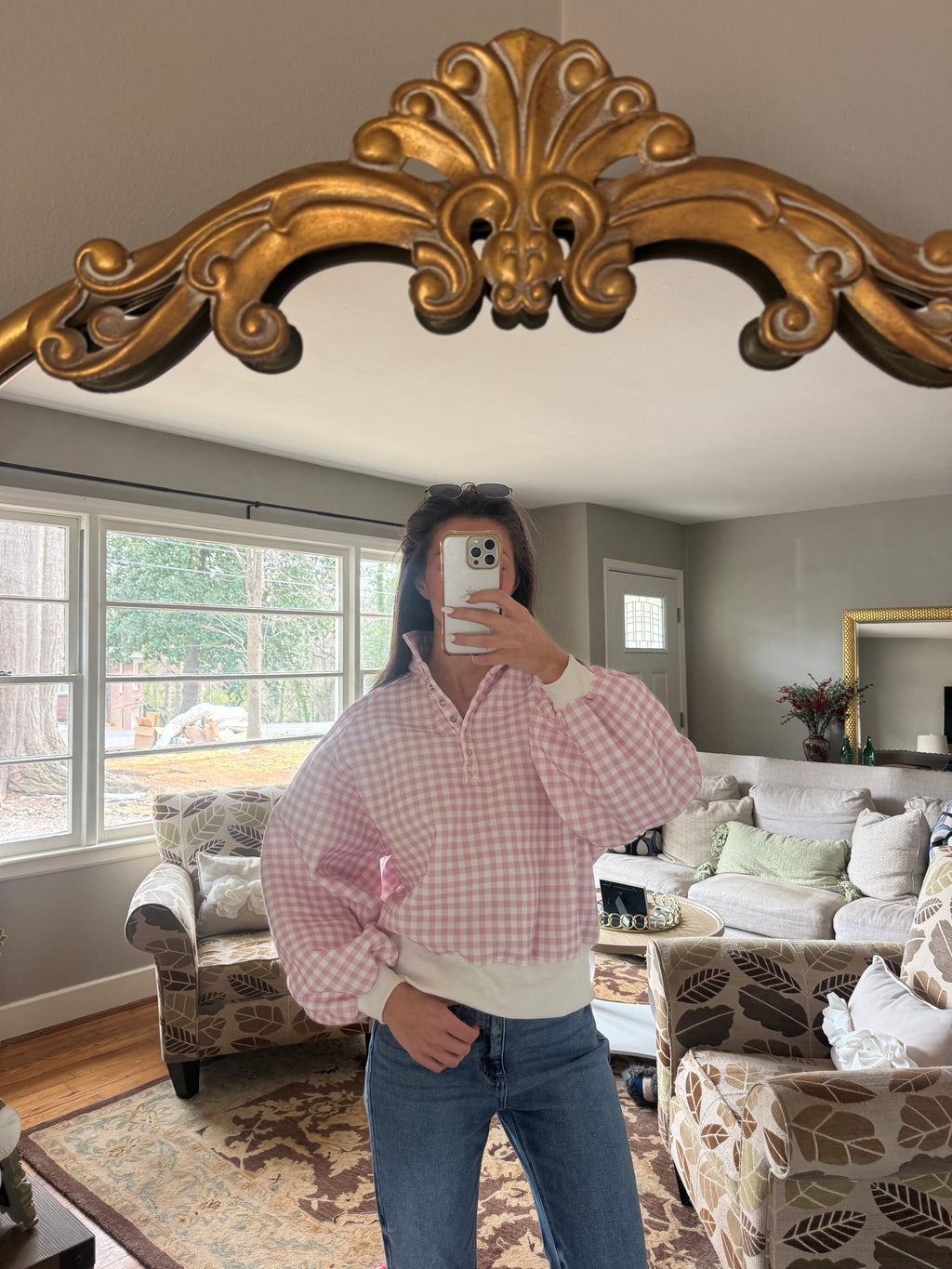 Checkered Snap Pullover- Pink/White