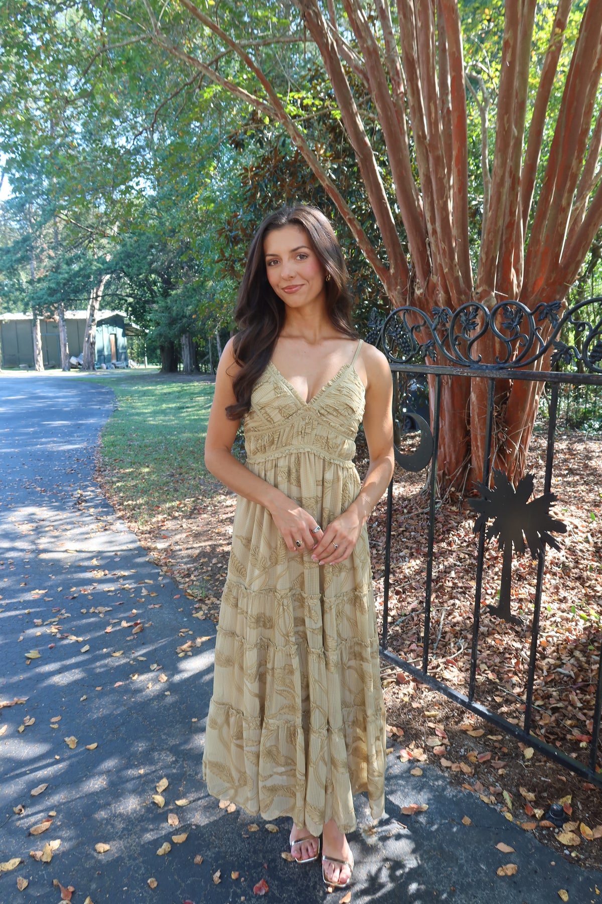 Maple Lane Tiered Maxi Dress- Beige Floral
