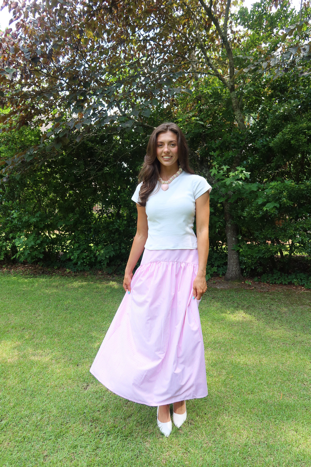 Pink Lemonade Striped Maxi Skirt- Pink/White