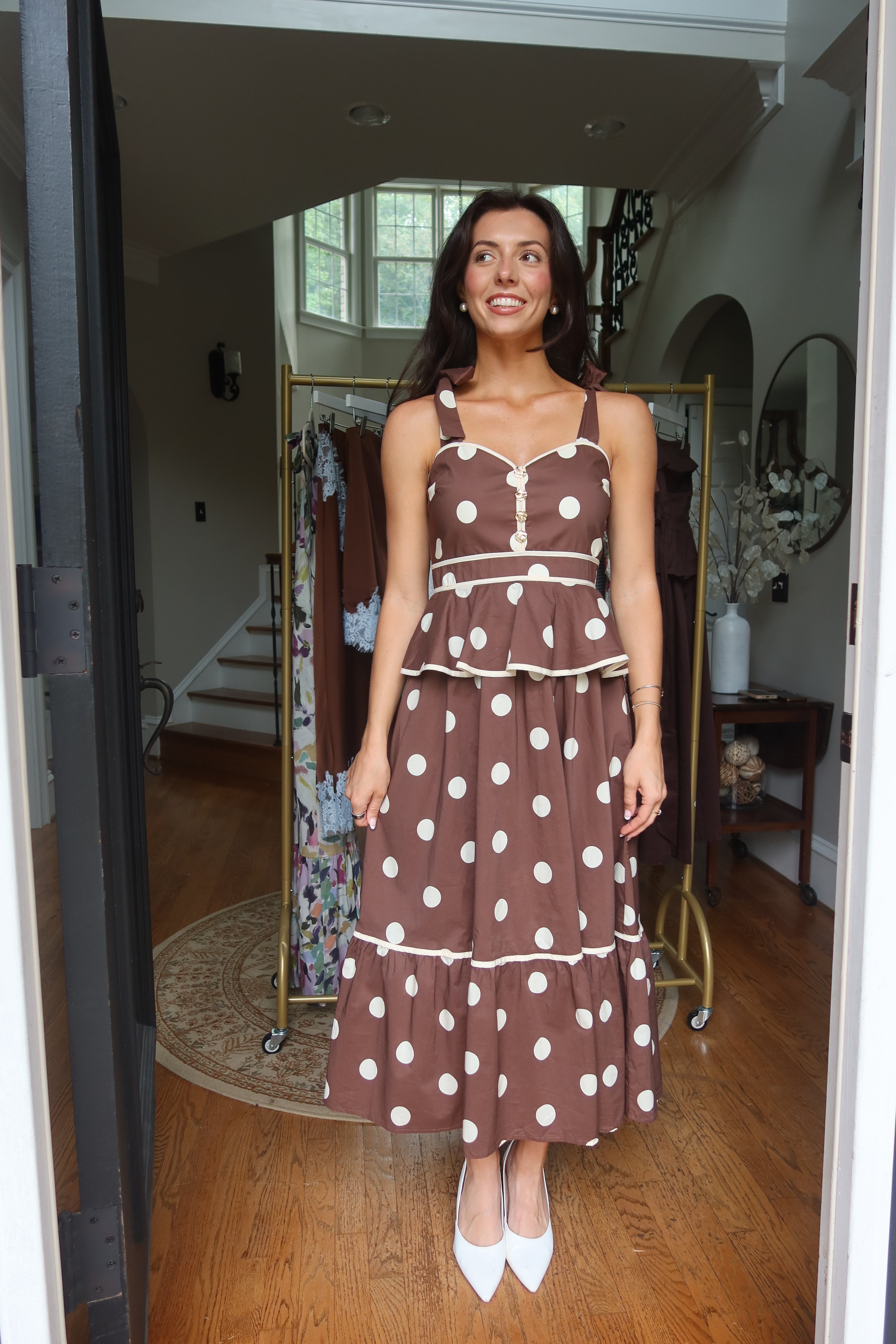 Autumn Social Polka Dot Midi Dress- Brown/Cream