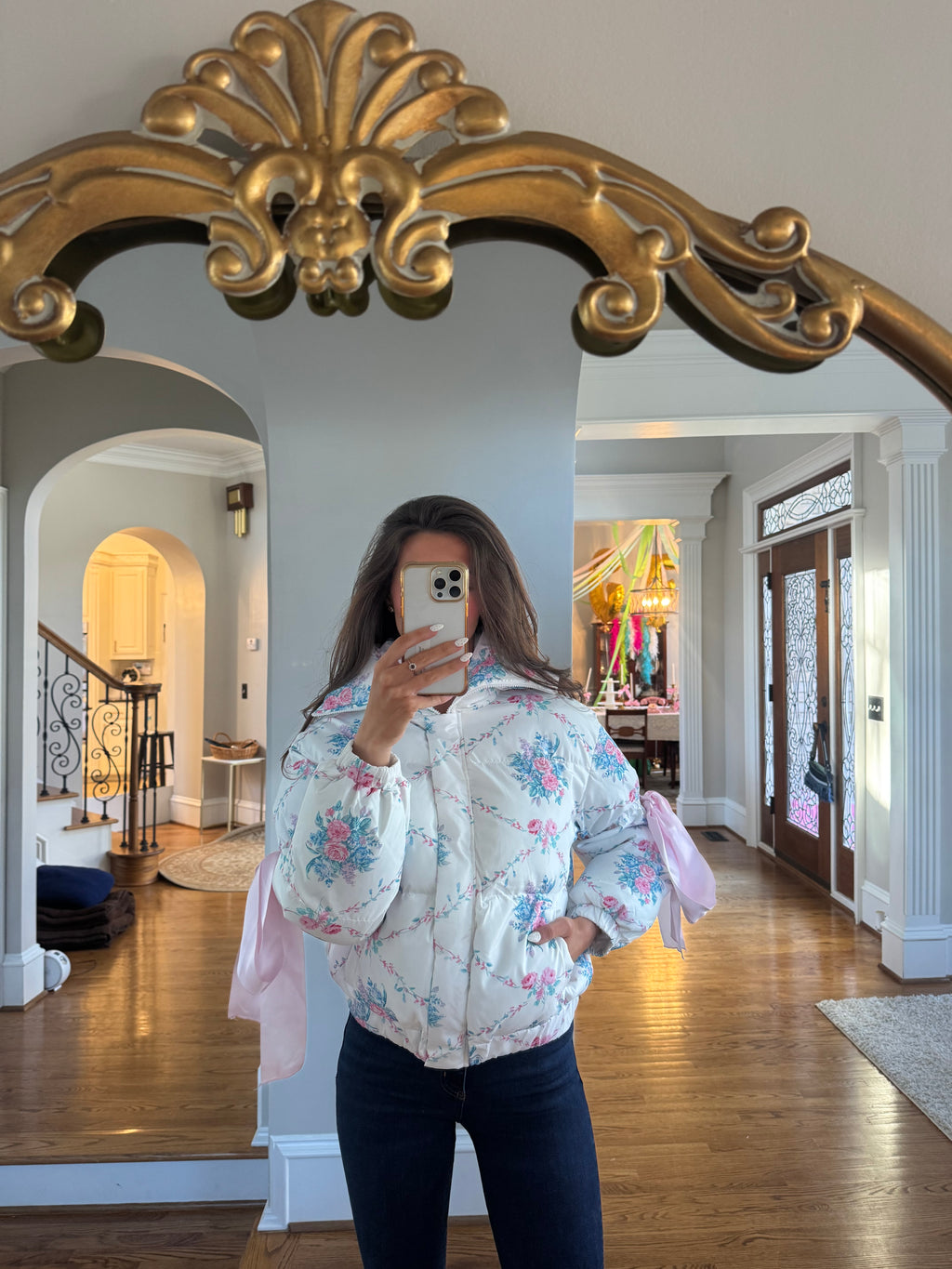 Floral Puffer Jacket- White/Blue/Pink