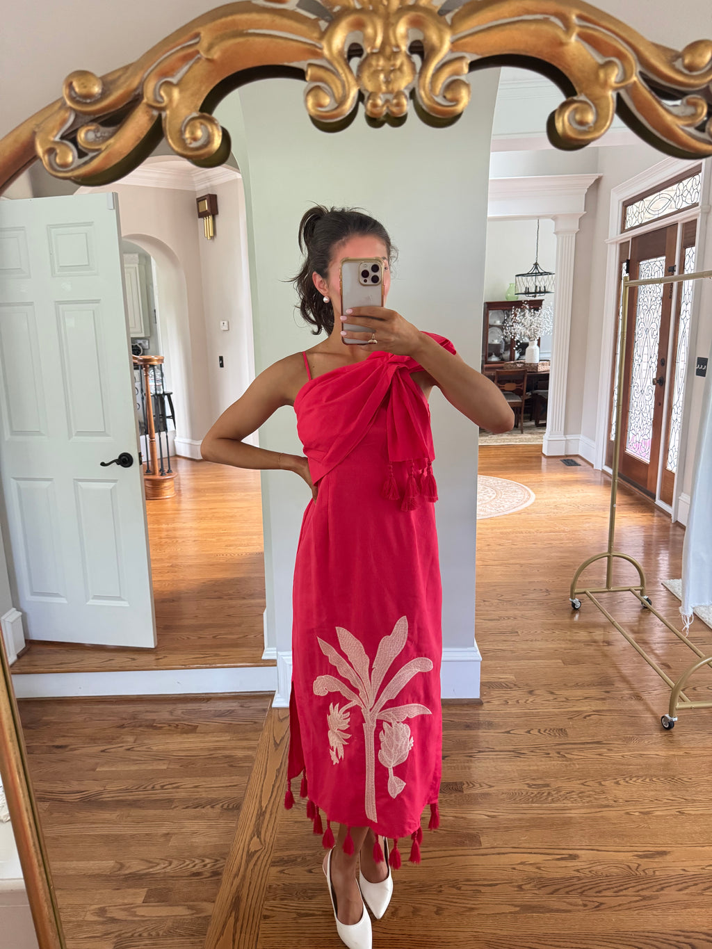 Palm Island Midi Dress- Red/Ecru
