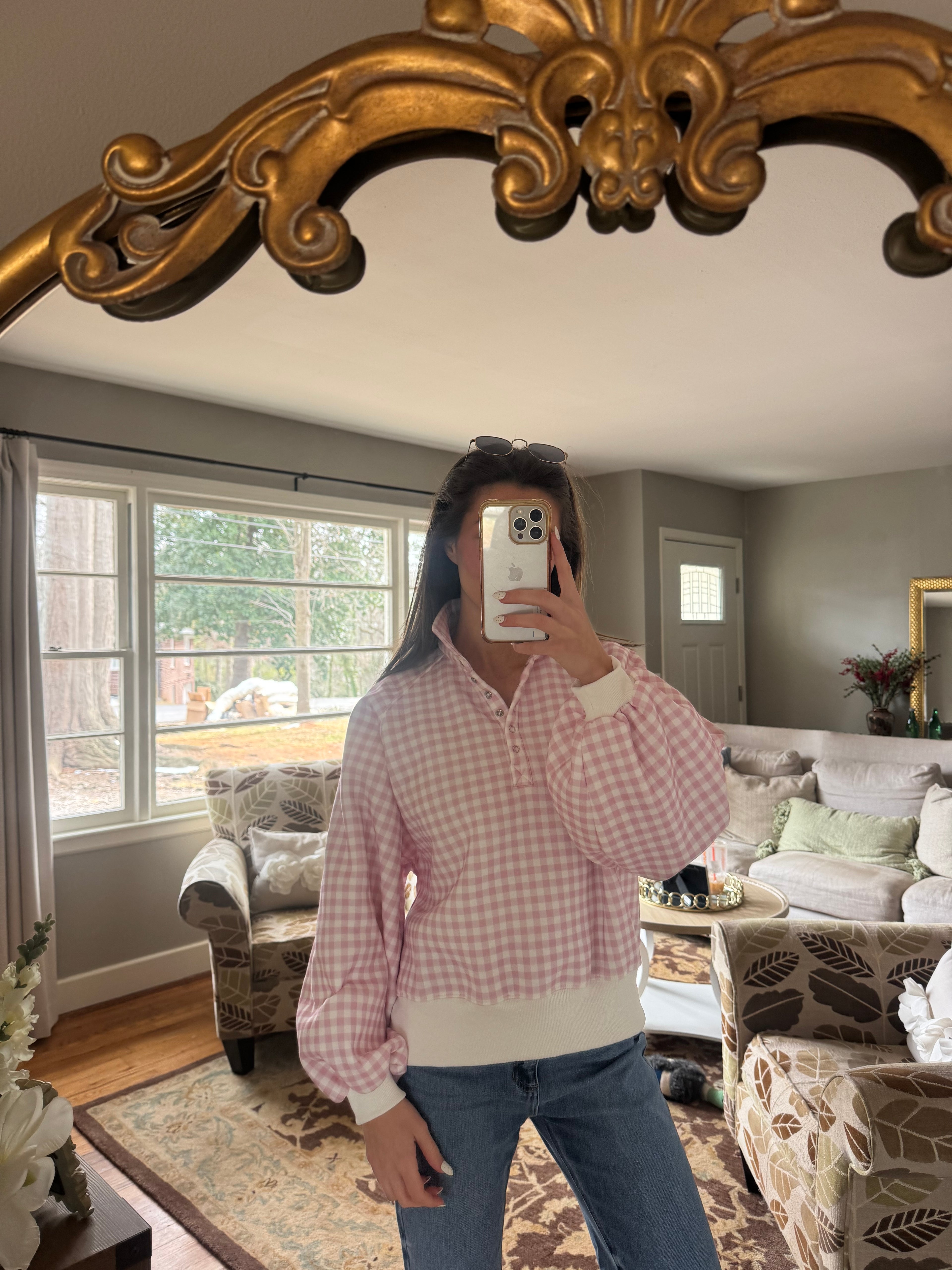 Checkered Snap Pullover- Pink/White