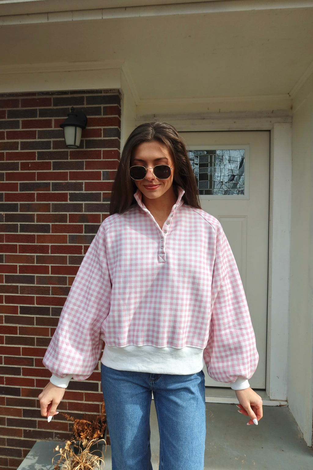 Checkered Snap Pullover- Pink/White
