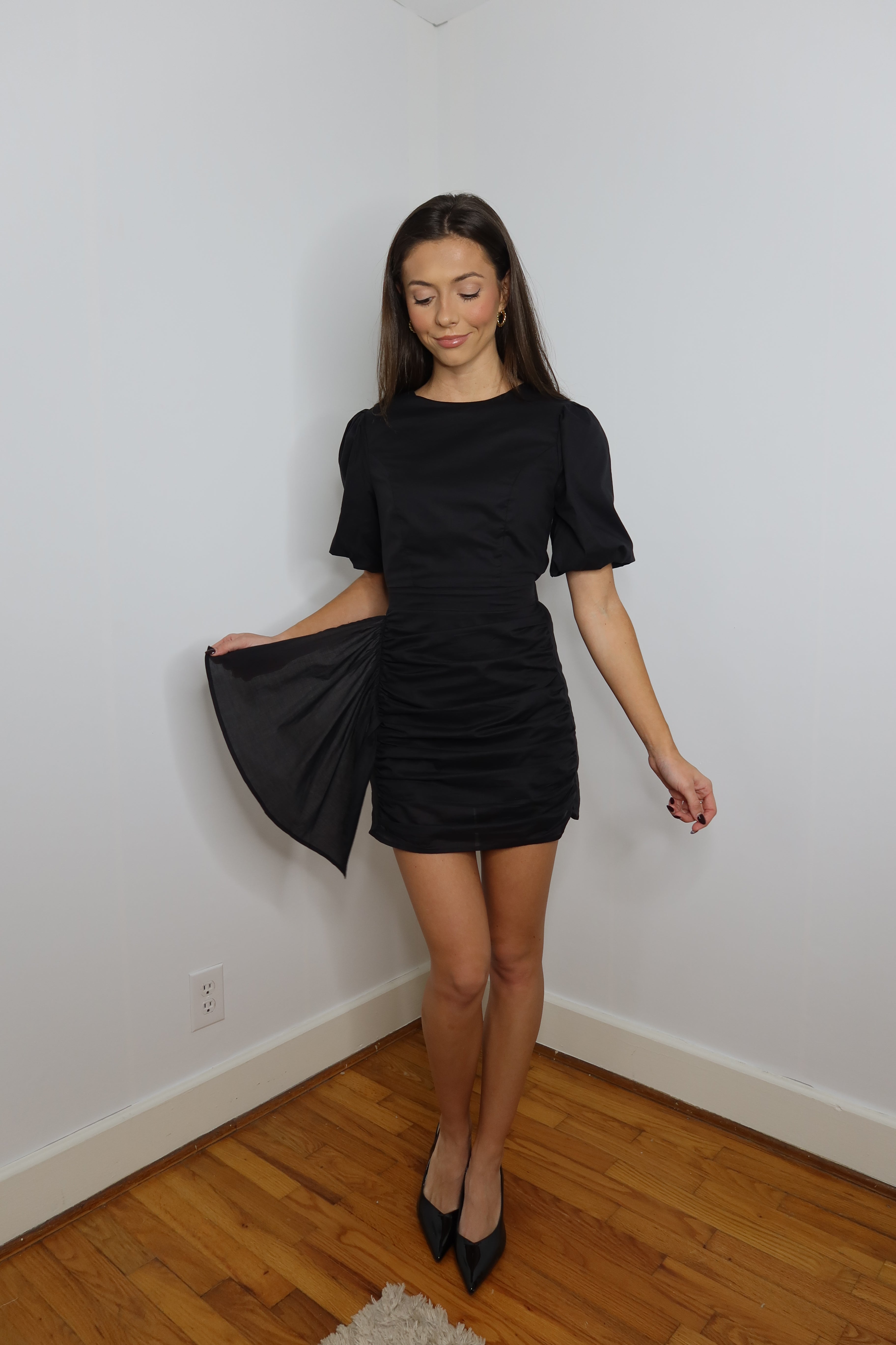 Blair Ruched Mini Dress- Black