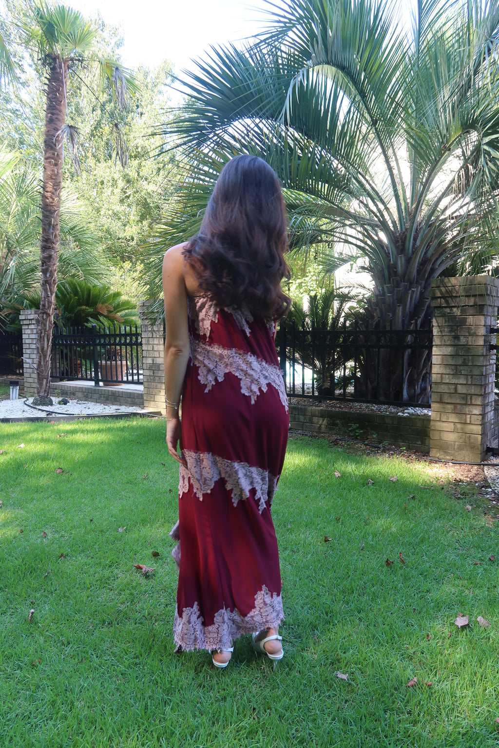 Cranberry Lace Dreams Maxi Dress- Burgundy