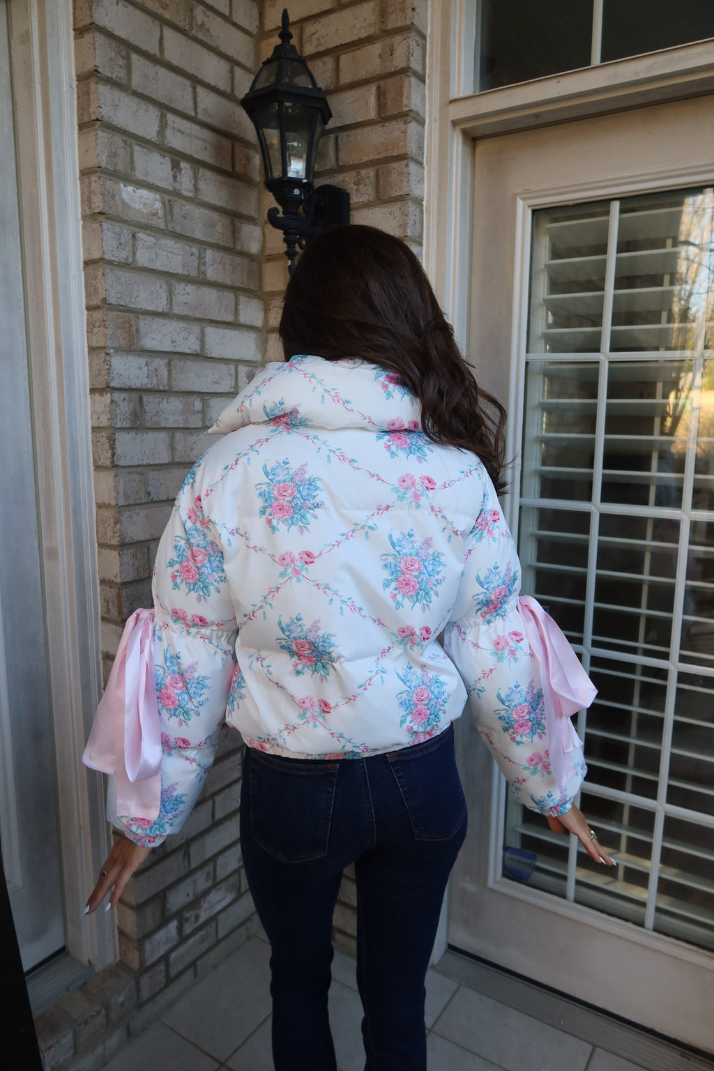 Floral Puffer Jacket- White/Blue/Pink