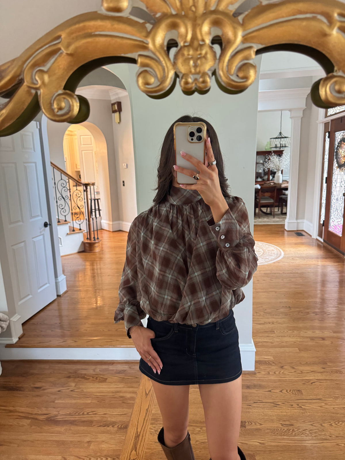 Audrey Plaid Blouse- Brown/Light Blue