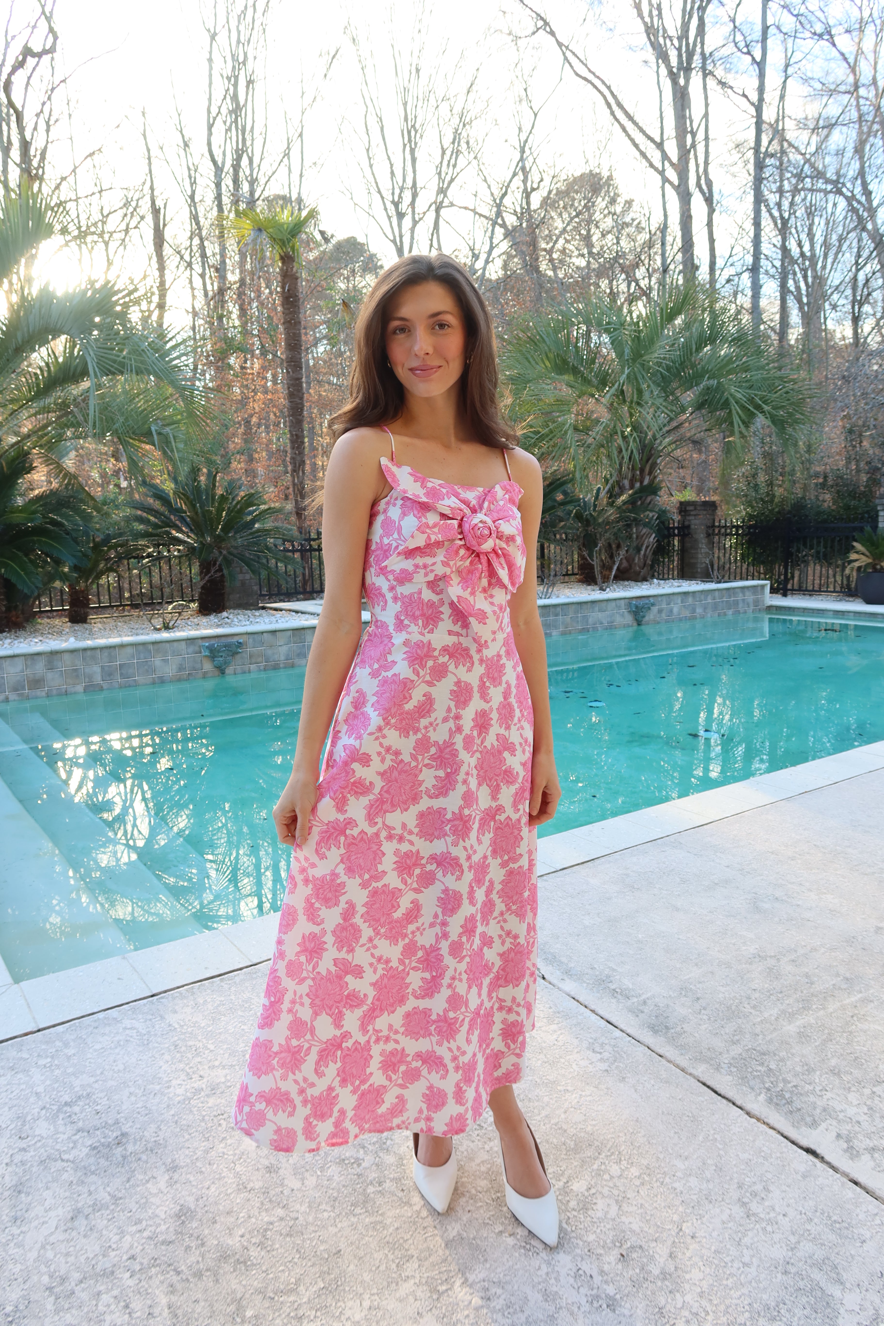 Pink Peony Midi Dress- Pink/White