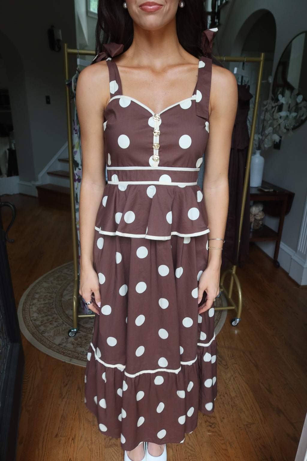 Autumn Social Polka Dot Midi Dress- Brown/Cream