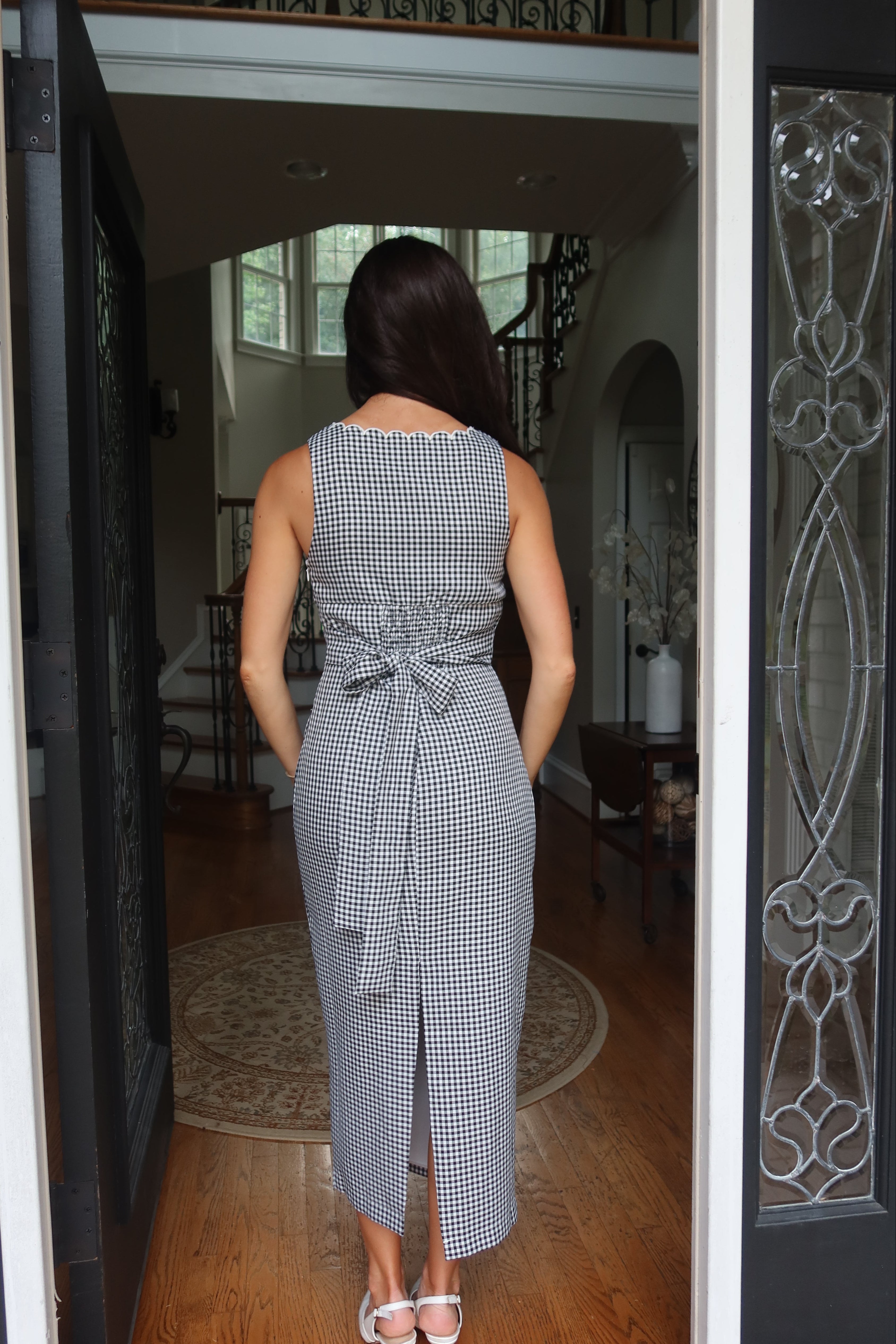Gingham Scalloped Midi Dress- Black/White