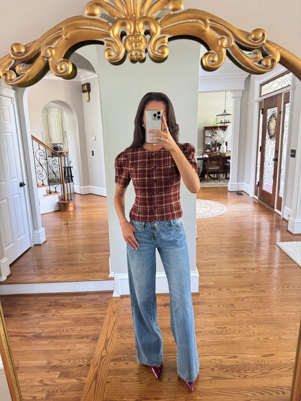 Polly Plaid Top- Burgundy/Taupe
