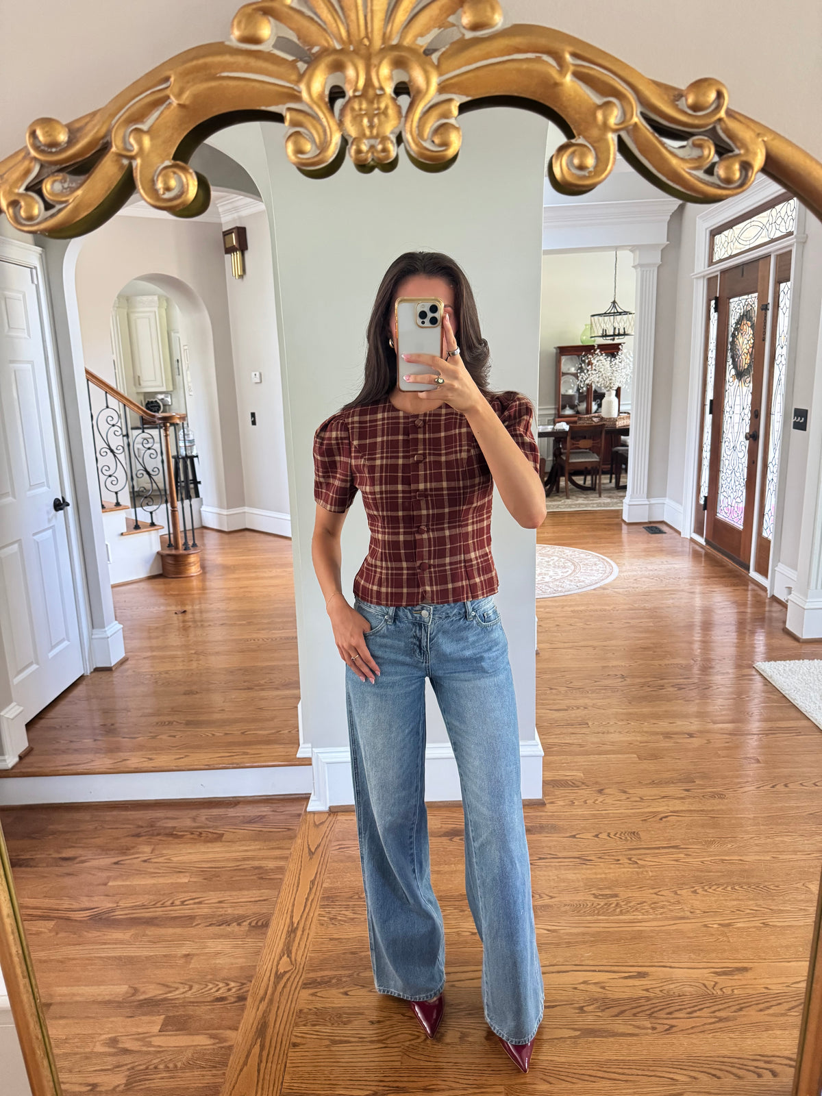 Polly Plaid Top- Burgundy/Taupe