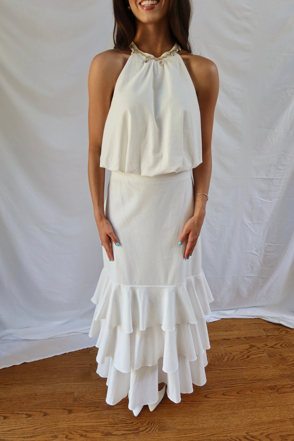Seashell Ruffled Maxi Skirt- White