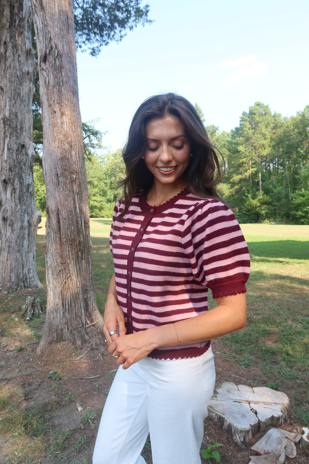 Berry Sweet Striped Cardigan- Pink/Burgundy