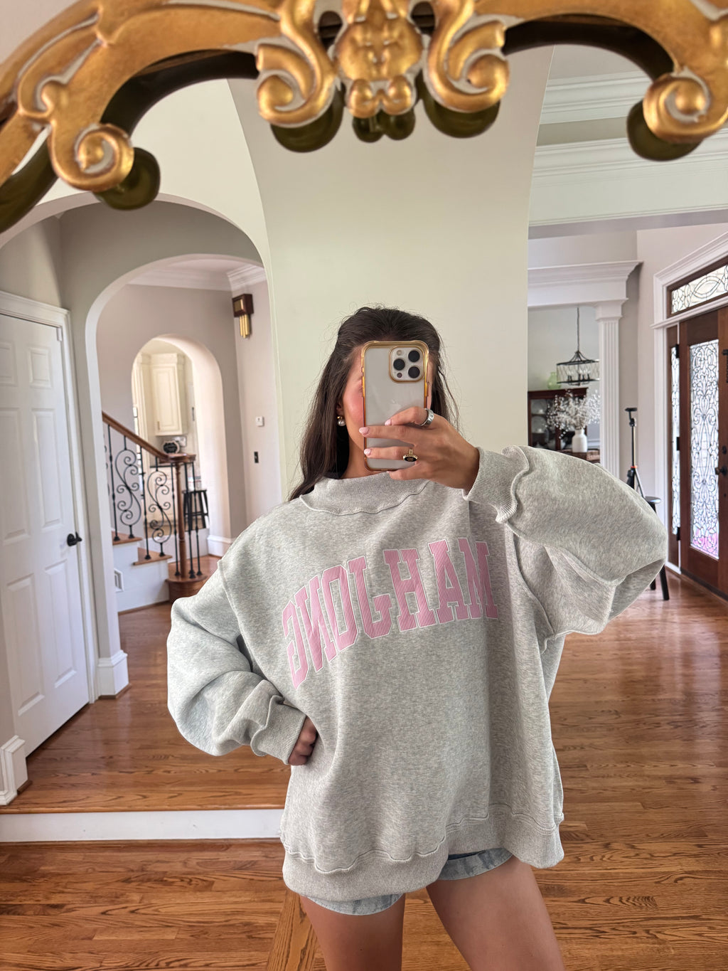 Mahjong Embroidered Sweatshirt- Heather Grey/Pink Stripe