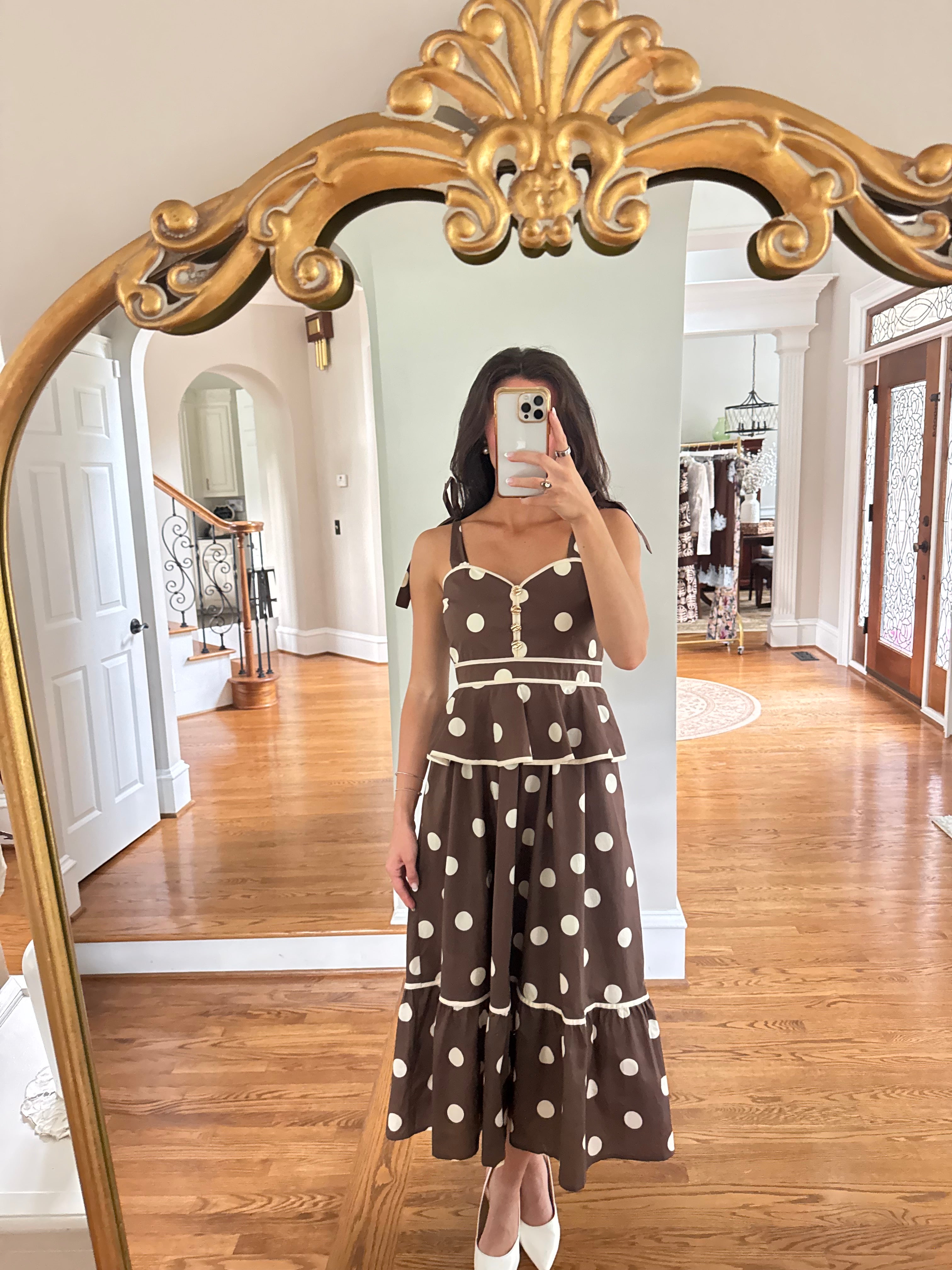 Autumn Social Polka Dot Midi Dress- Brown/Cream
